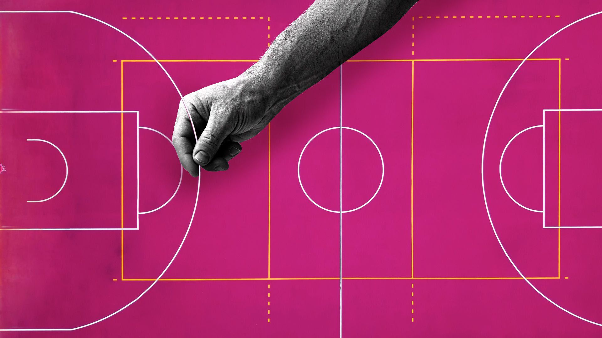 Illustration of a hand moving the 3-point line on a basketball court