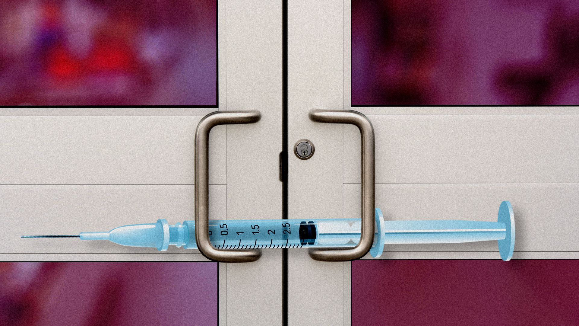 Illustration of business doors being barricaded by a vaccine needle.