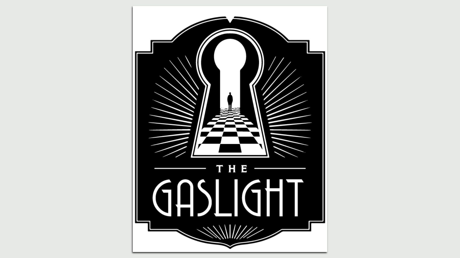 Black-and-white poster showing a keyhole-shaped doorway, a lone figure walking a checkered path toward a bright arch, with radiating lines and the title "The Ghost Light" at the bottom.