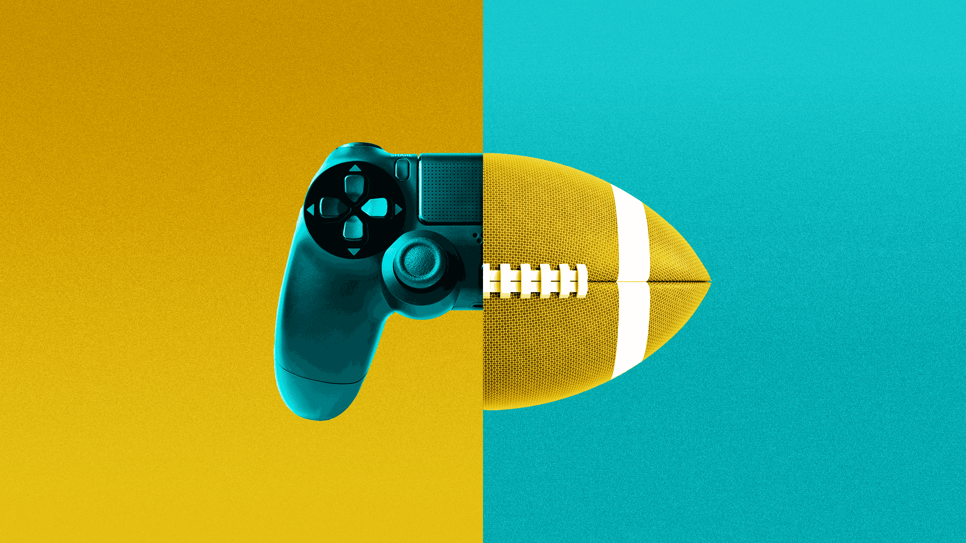 A split image of a gaming console and a football.