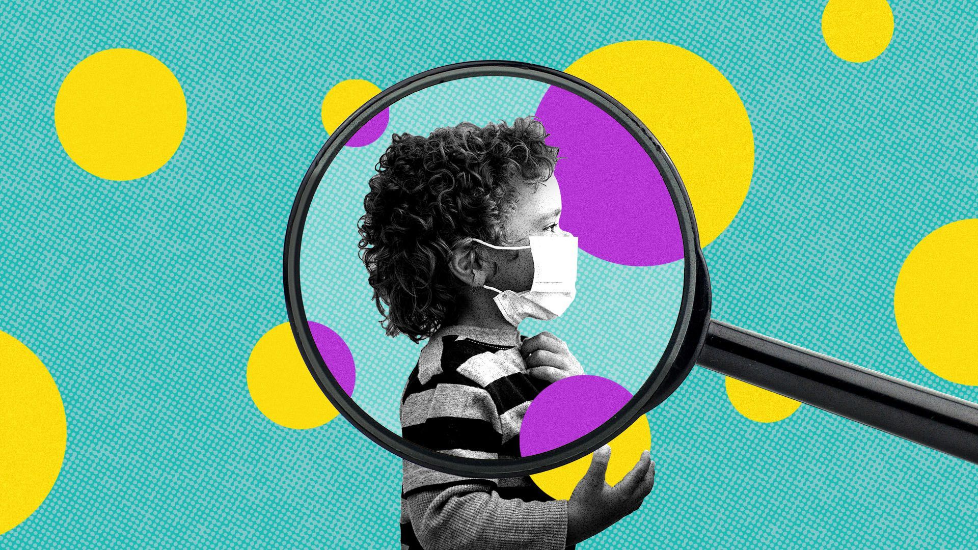 Illustration of a child in a medical mask under a magnifying glass surrounded by circles of different colors