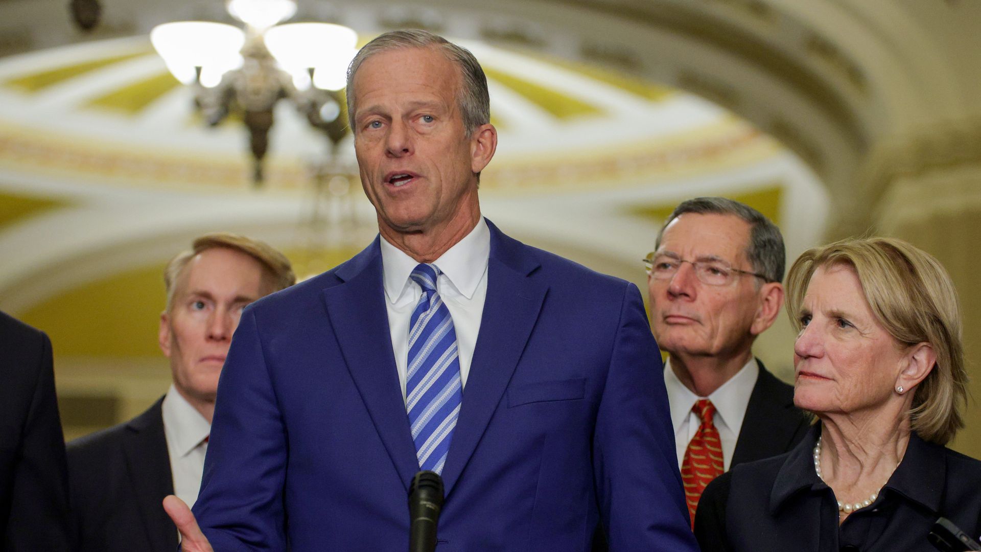 Senate Majority Leader Sen. John Thune speaks alongside other members of GOP leadership at the U.S. Capitol on March 24,