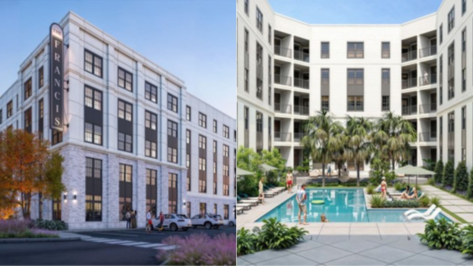 Split image of two buildings: left shows a beige-gray brick structure with a vertical "FRANCIS" sign and autumn trees; right shows white curved apartments around a courtyard pool with palm trees.
