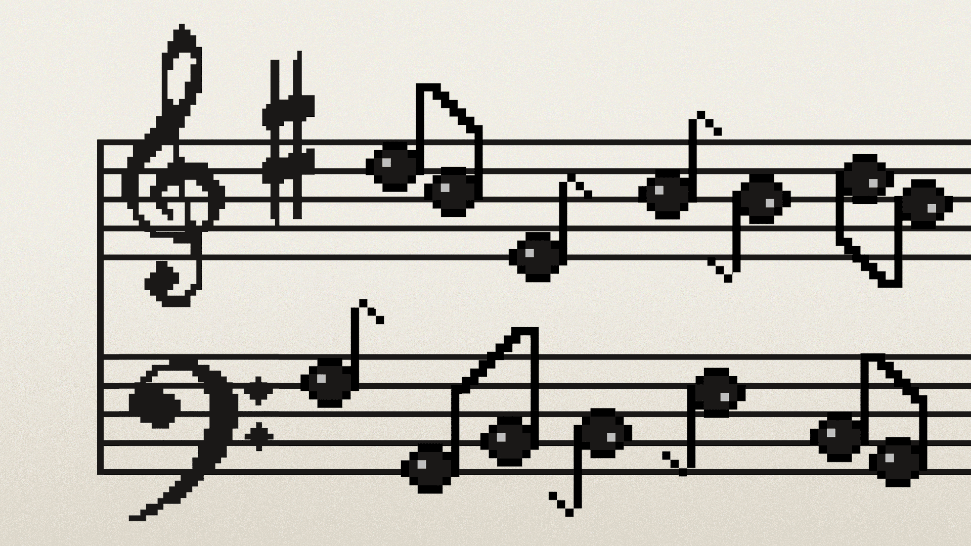 Illustration of sheet music in 8-bit style.
