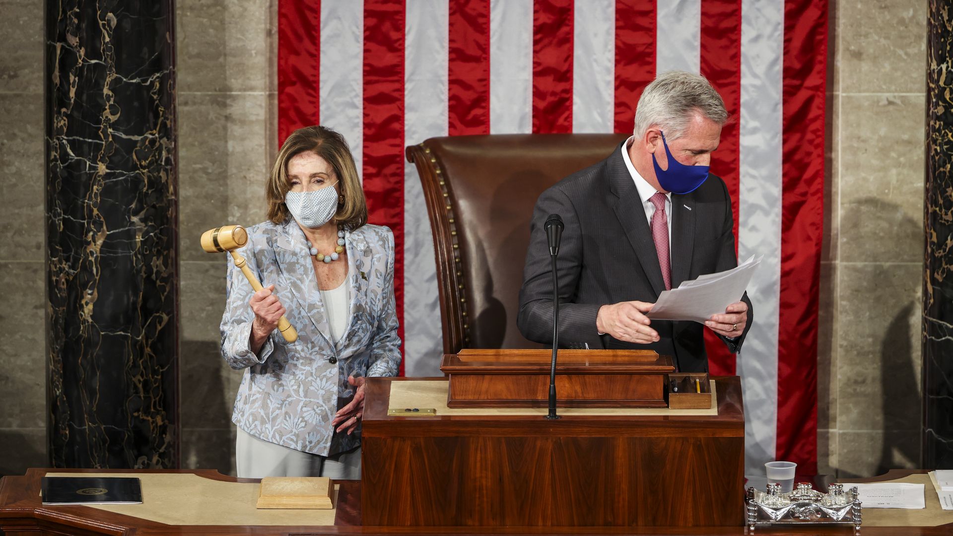 House Speaker Nancy Pelosi (D-Calif.) with House Minority Leader Kevin McCarthy (R-Calif.) in the Capitol in January 2021.