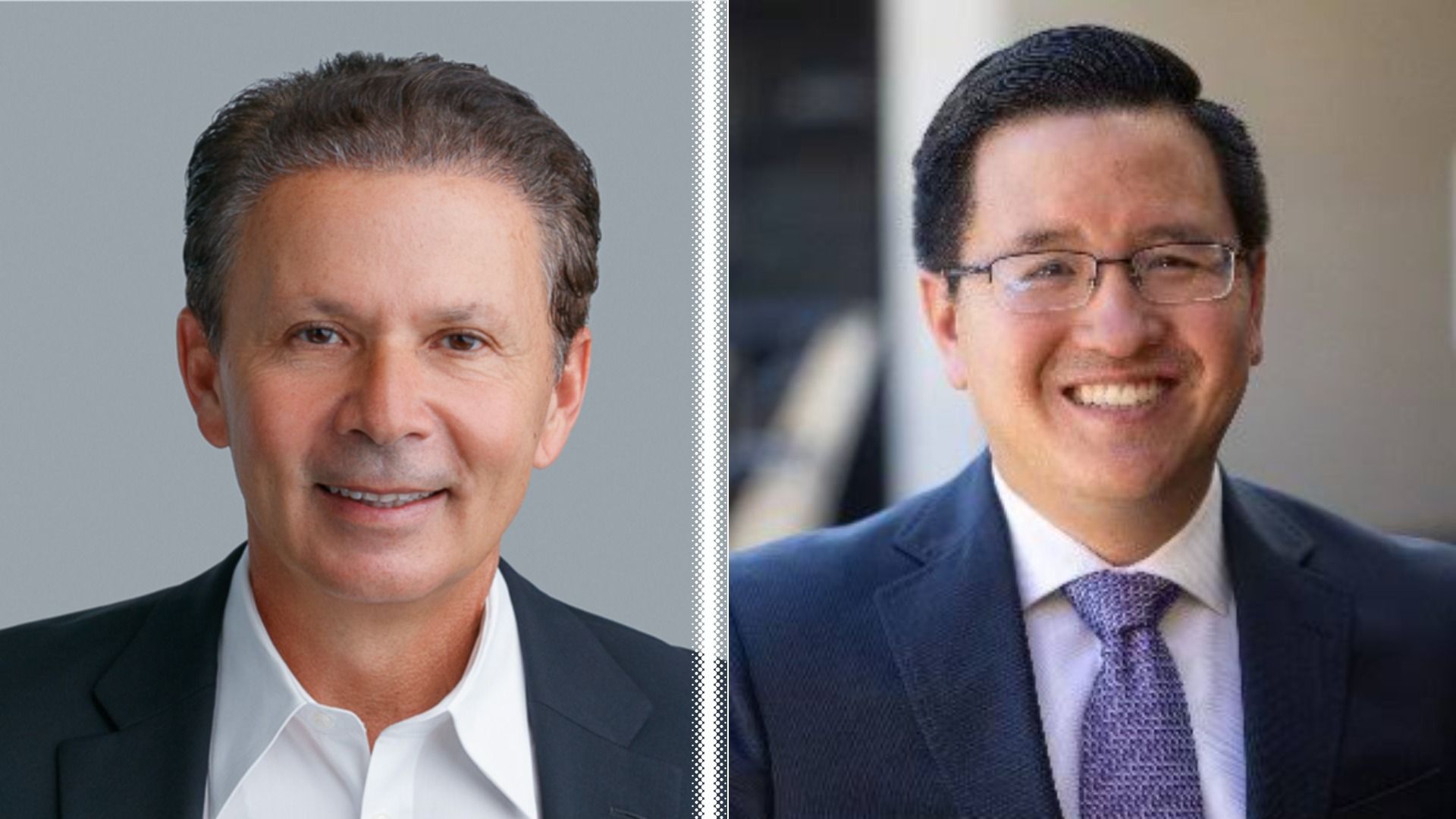 Two men in business attire side by side: left portrait shows a man with short gray hair on a gray background; right portrait shows a smiling man with glasses, dark hair, and a purple tie.
