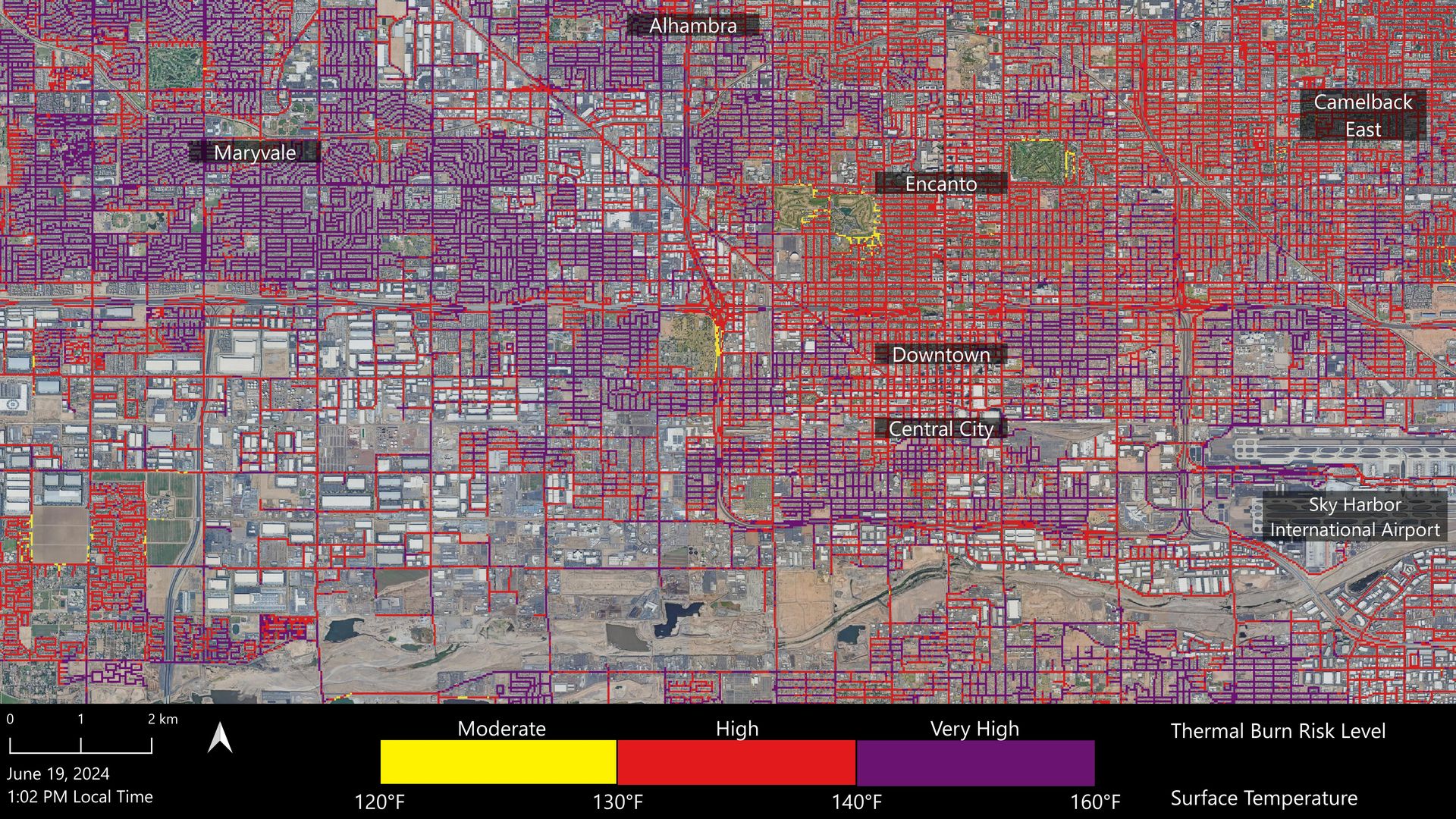 A heat map showing surface temperatures in Phoenix.