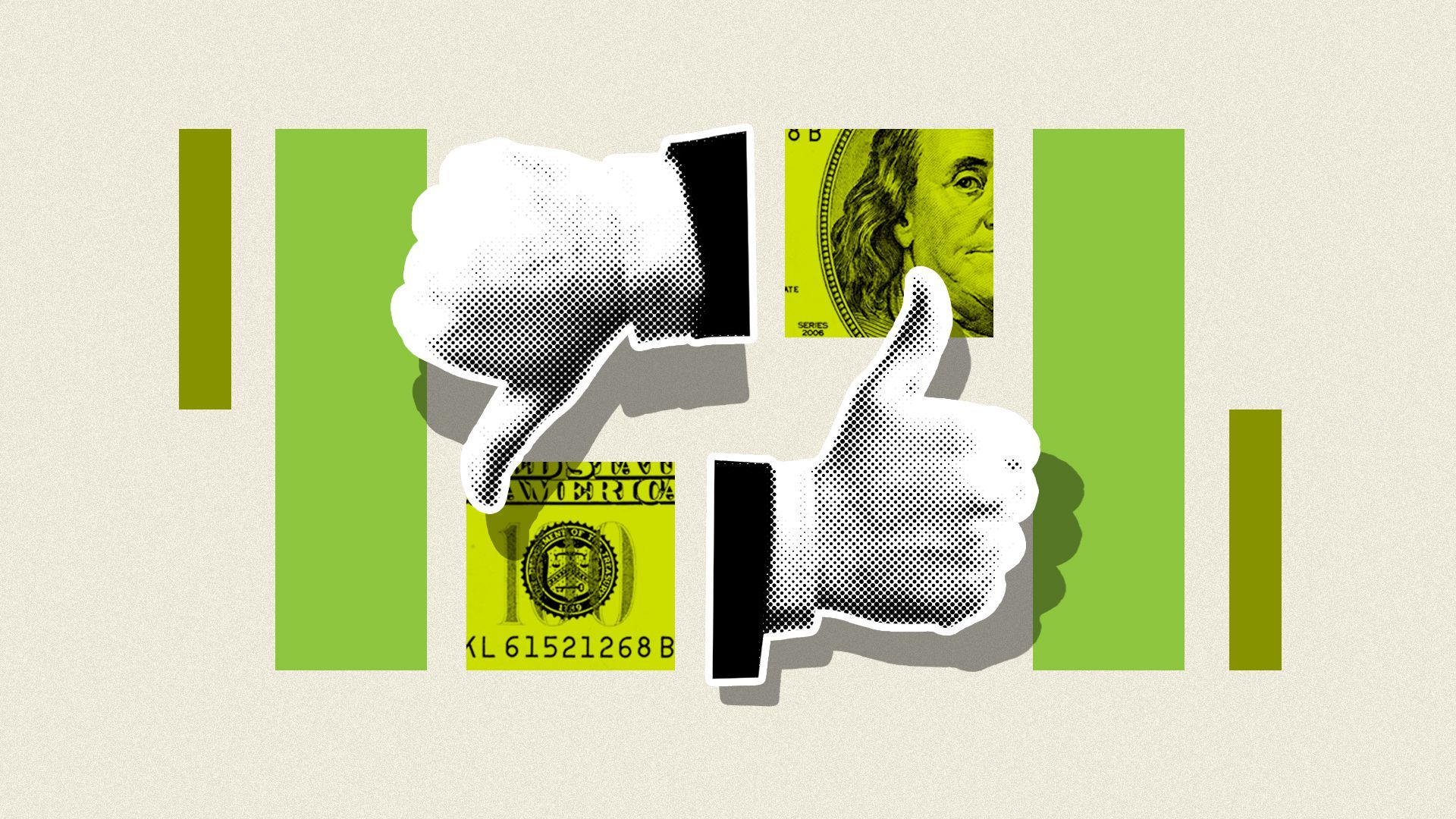 Illustrated collage of two hands, one showing thumbs-up, one showing thumbs-down, elements of a hundred-dollar bill and blocks of color. 