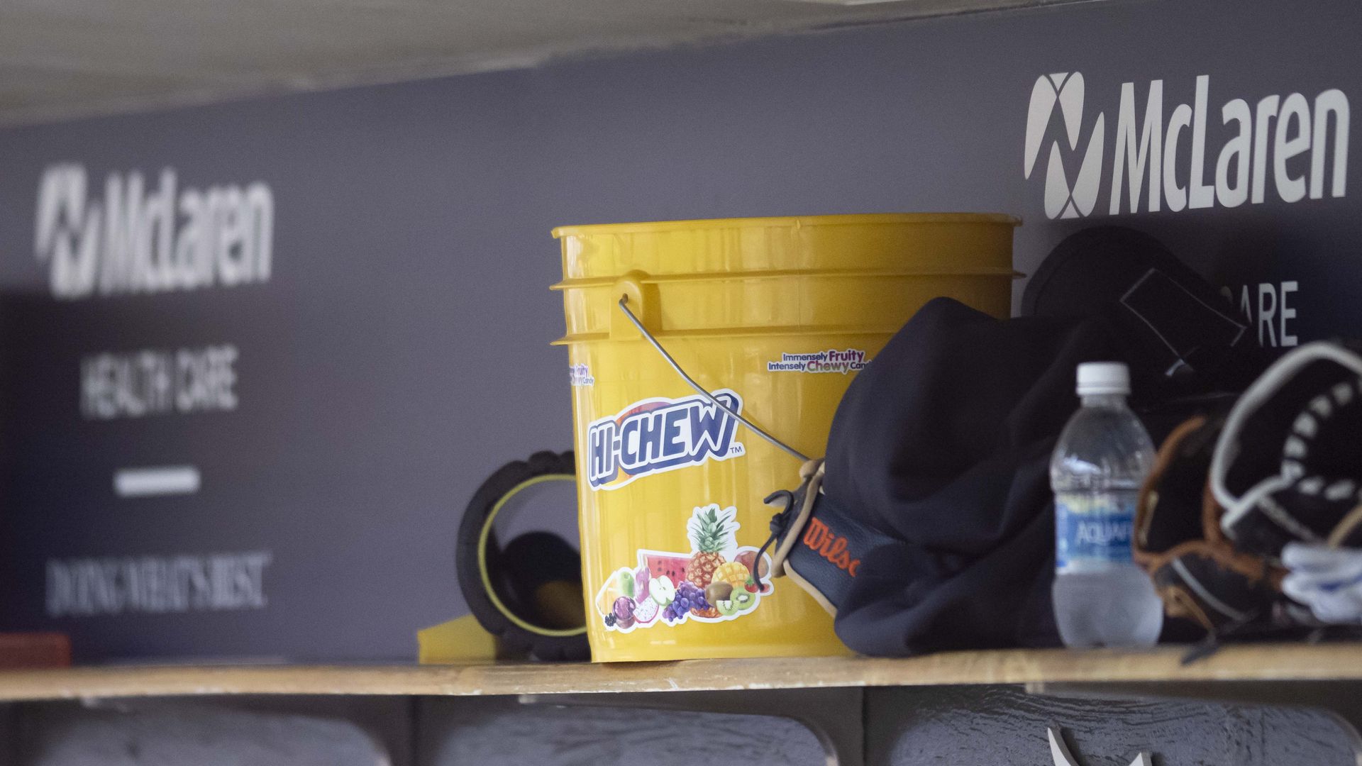 DETROIT, MI - JUNE 21: A Hi-Chew bucket is placed in the Detroit Tigers dugout during the MLB baseball game between the Chicago White Sox and the Detroit Tigers on June 21, 2024 at Comerica Park in Detroit, Michigan. (Photo by Joseph Weiser/Icon Sportswire via Getty Images)