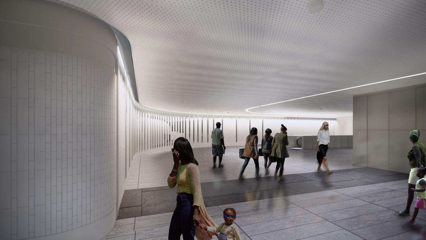 A rendering of a refurbished MARTA station with passengers and bright concourse 