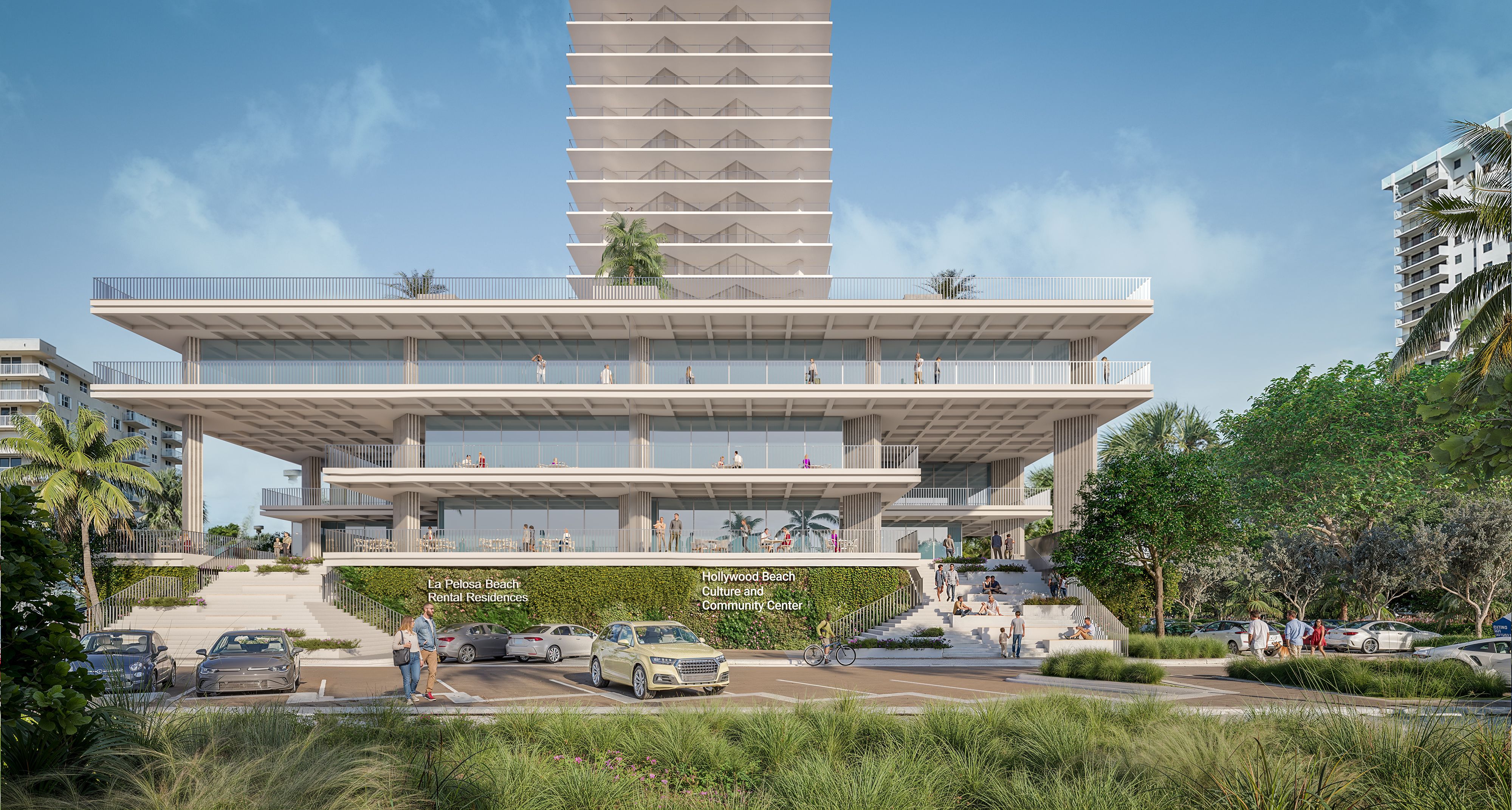 A rendering of a modern beachfront complex with stacked, cantilevered terraces and a tall central tower. Glass walls, railings, palm trees, people on balconies, and a row of parked cars beneath a clear blue sky.