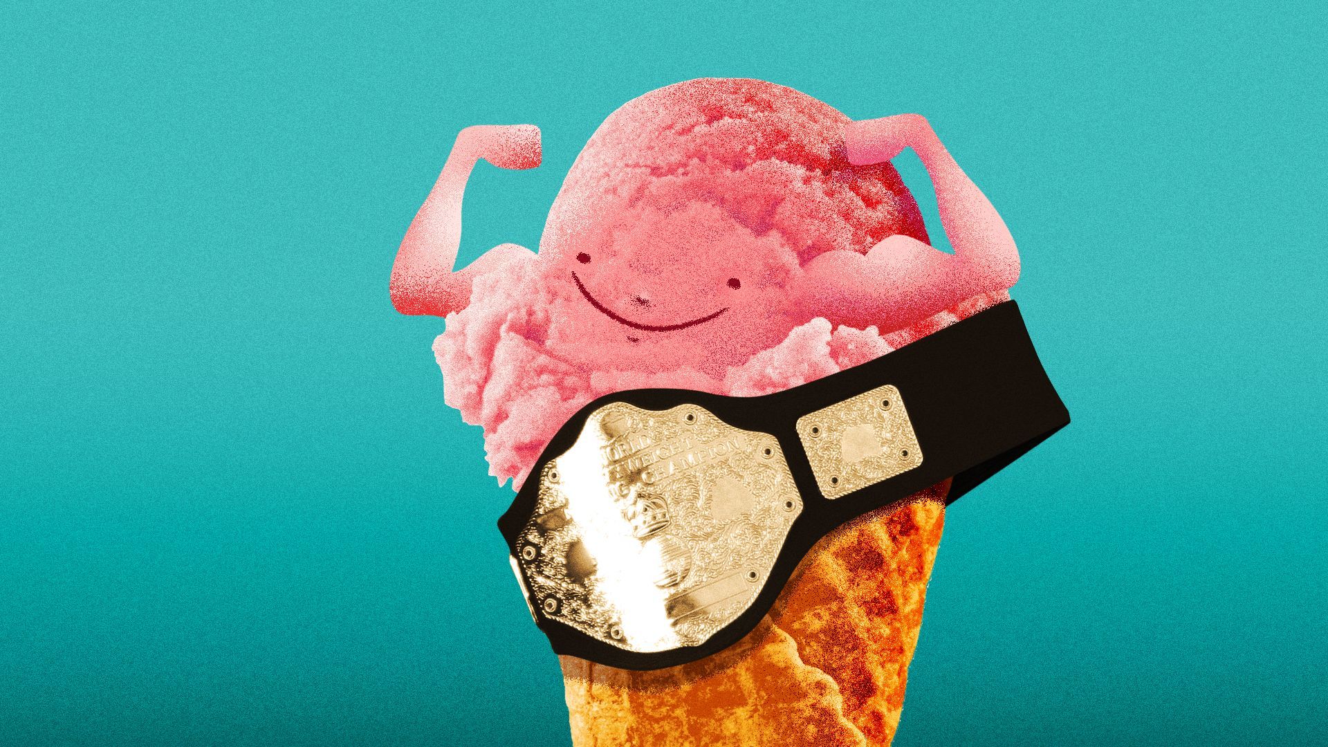 Illustration of a little ice cream cone wearing a champion belt and showing off his muscles. 
