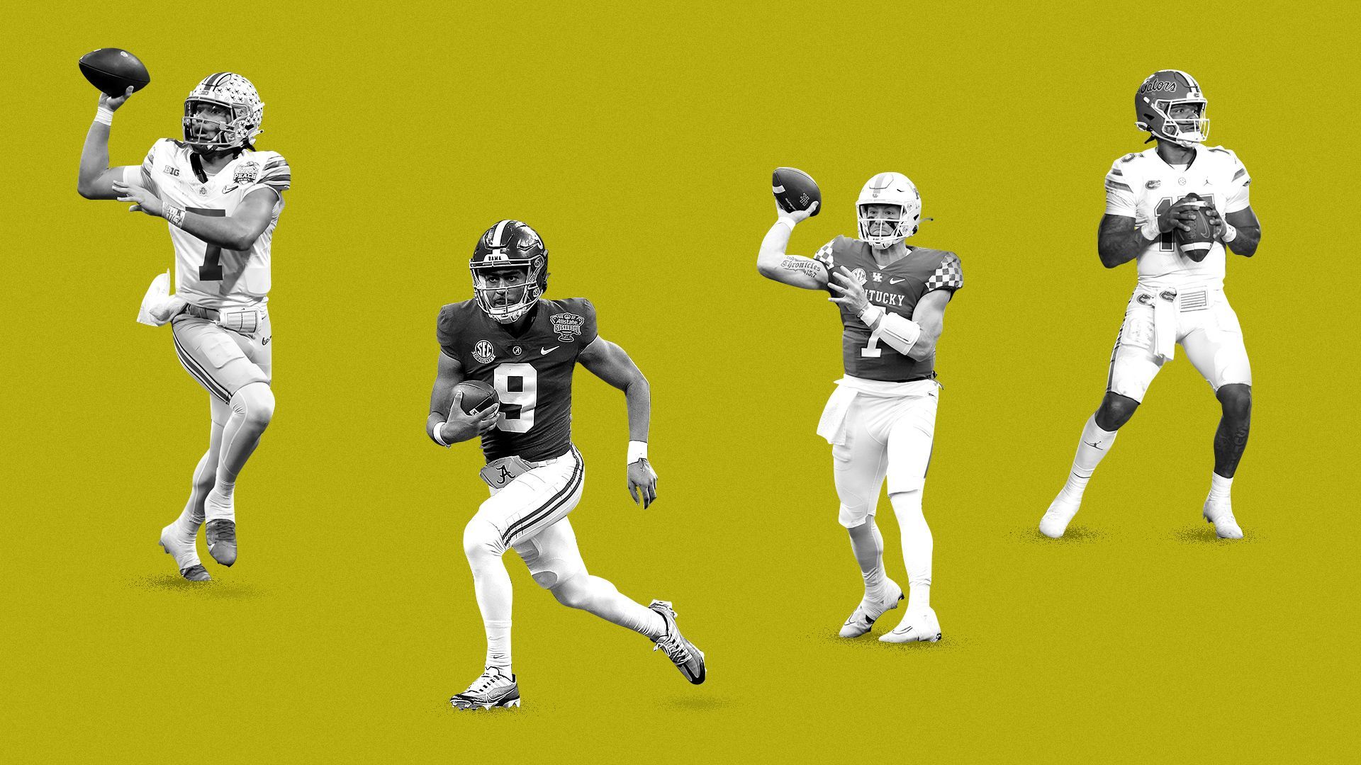 Photo illustration of CJ Stroud, Bryce Young, Anthony Richardson and Will Levis