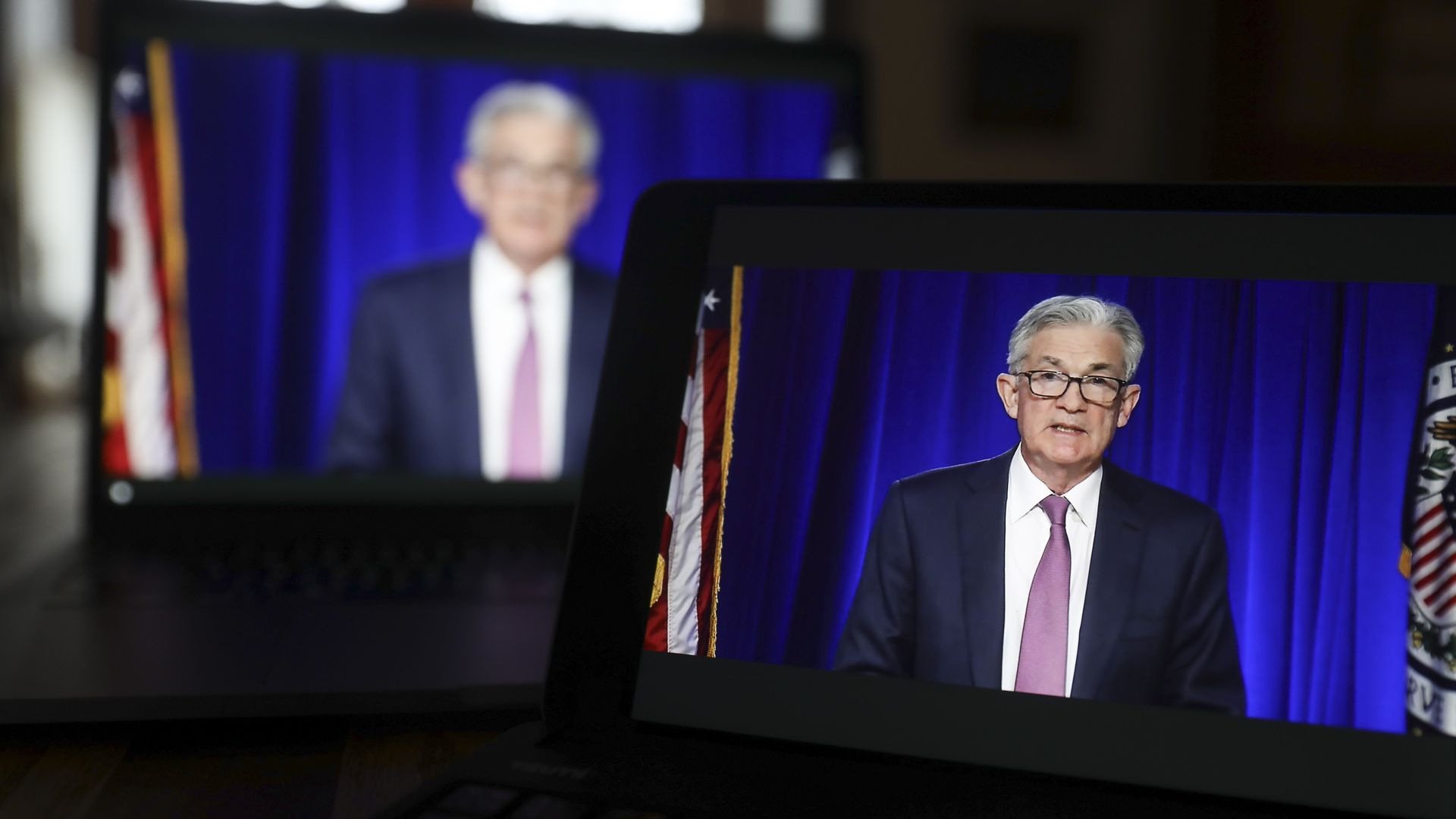 Jerome Powell, chairman of the U.S. Federal Reserve, speaks during a virtual news conference in Tiskilwa, Illinois, U.S.
