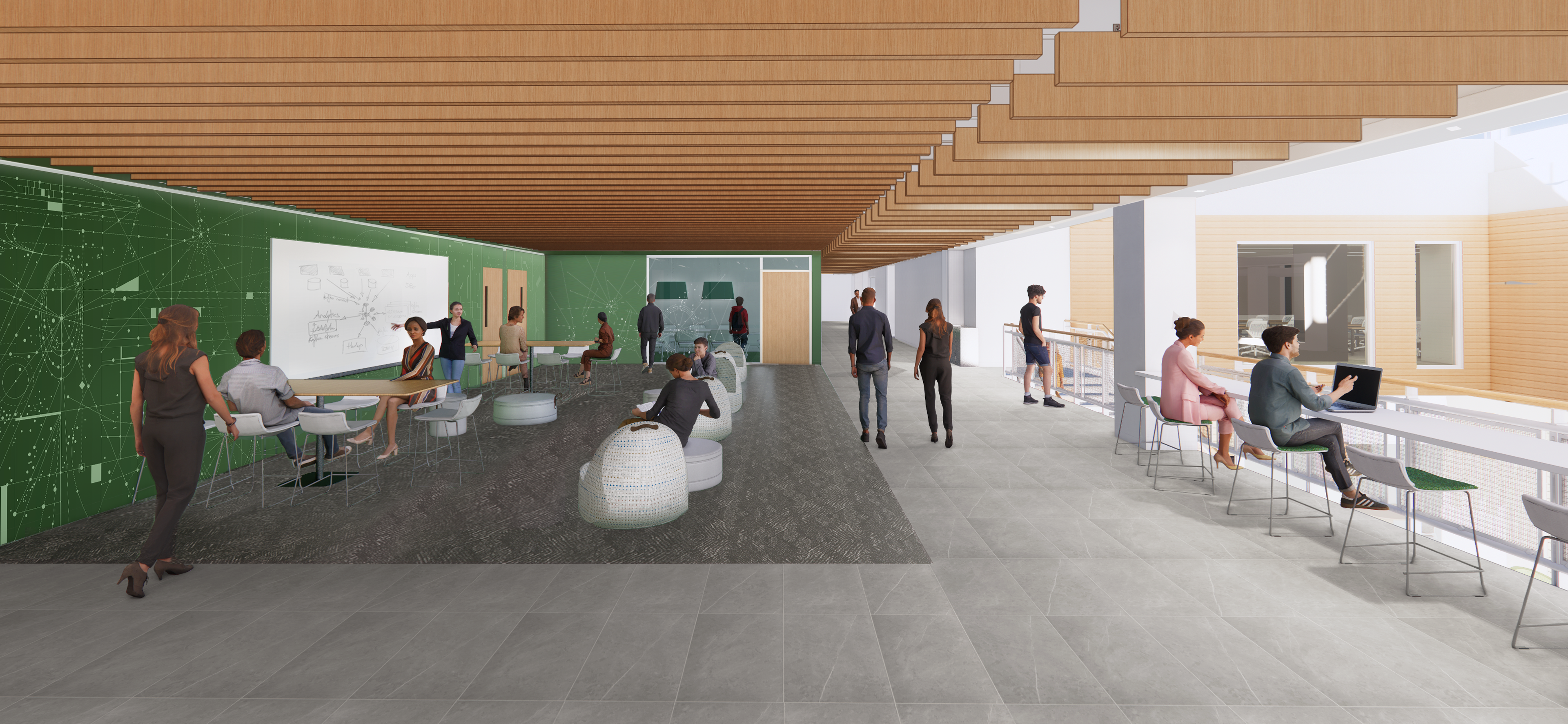 Open modern workspace with people sitting at tables and bean bags near a green wall with diagrams, wooden ceiling beams, and large windows allowing natural light.