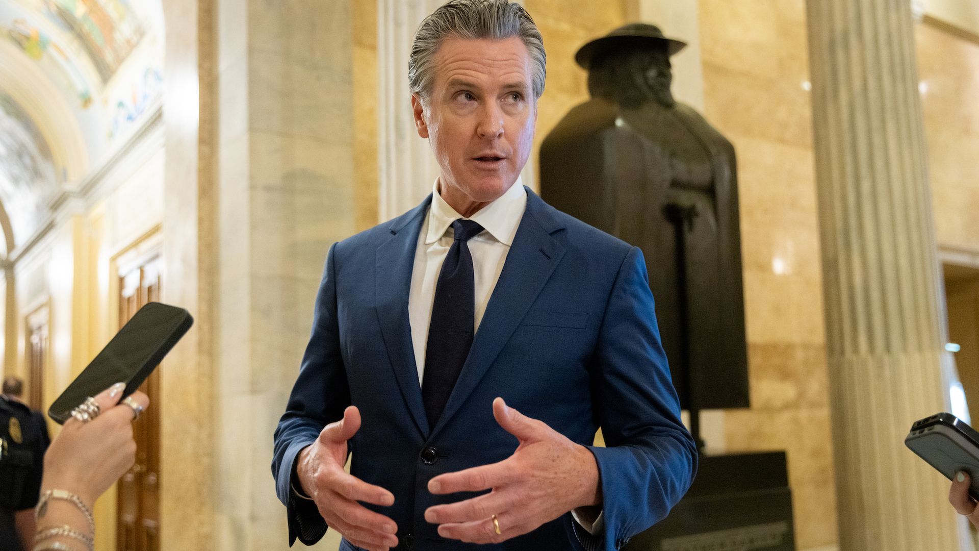 Governor Gavin Newsom (D-CA) speaks to reporters inside the U.S. Capitol in Washington, DC on May 20, 2026. (Photo by Nathan Posner/Anadolu via Getty Images)