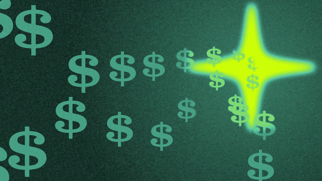 Animated illustration of dollar signs flying into a glowing sparkle shape.