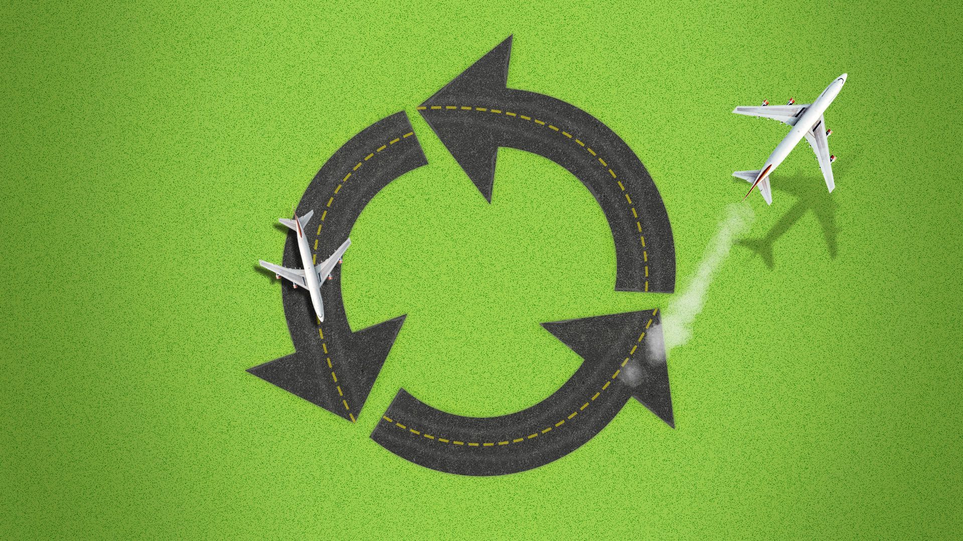 Illustration of an airplane runway in the shape of a recycling symbol