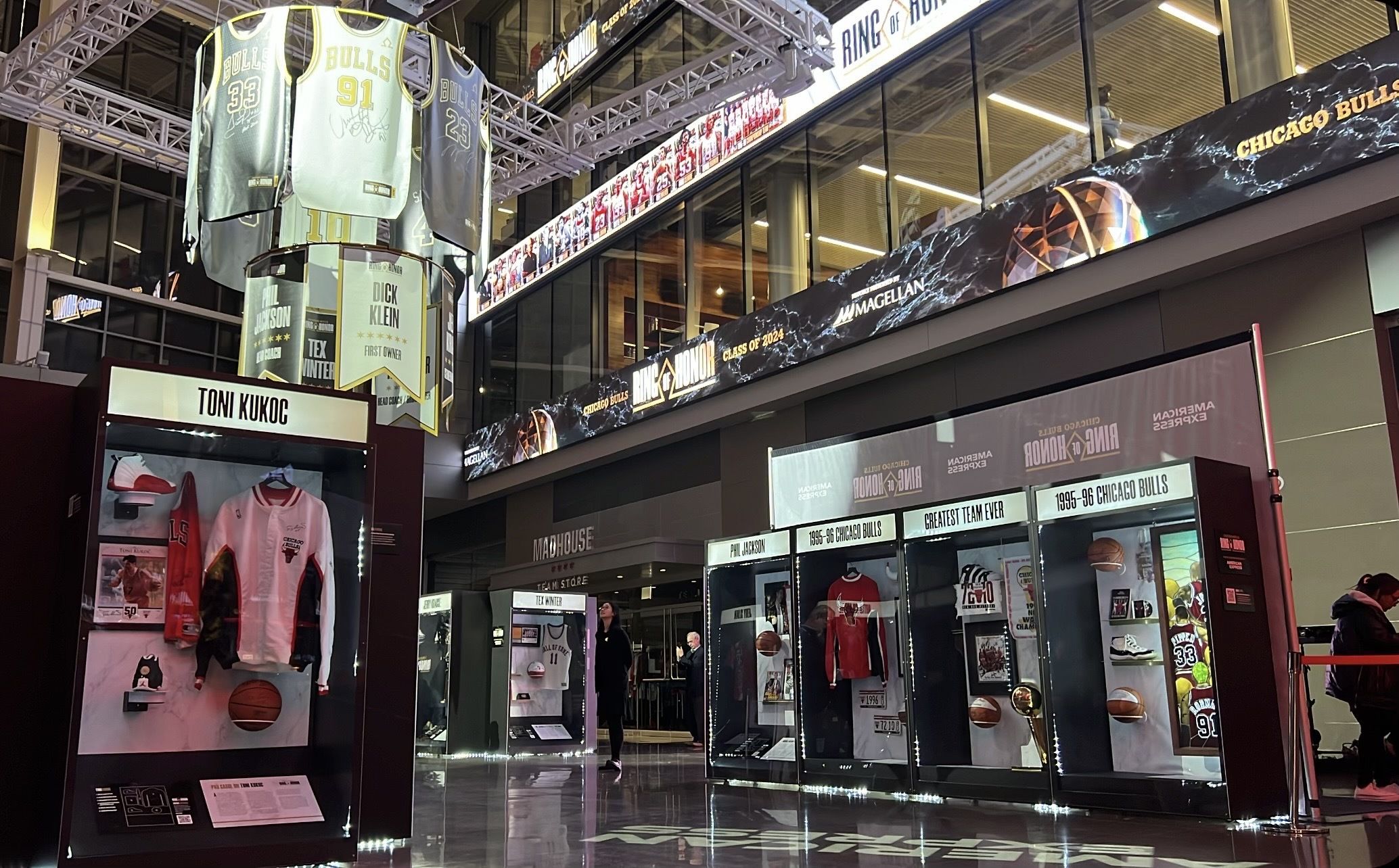 Photo of sports memorabilia in a lobby exhibit 