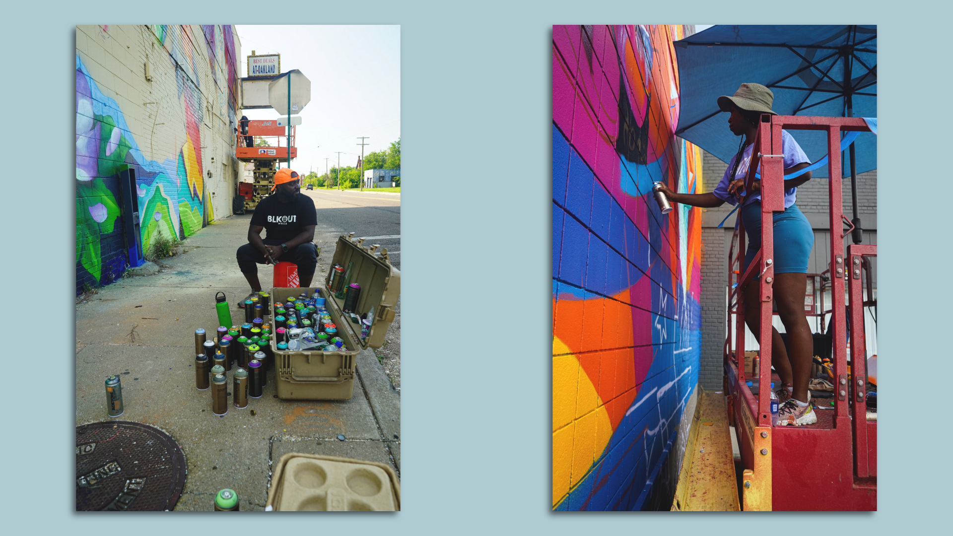 Artists Max Sansing (left) and Georgie Nakima, both with Blkout murals completed in 2021. 