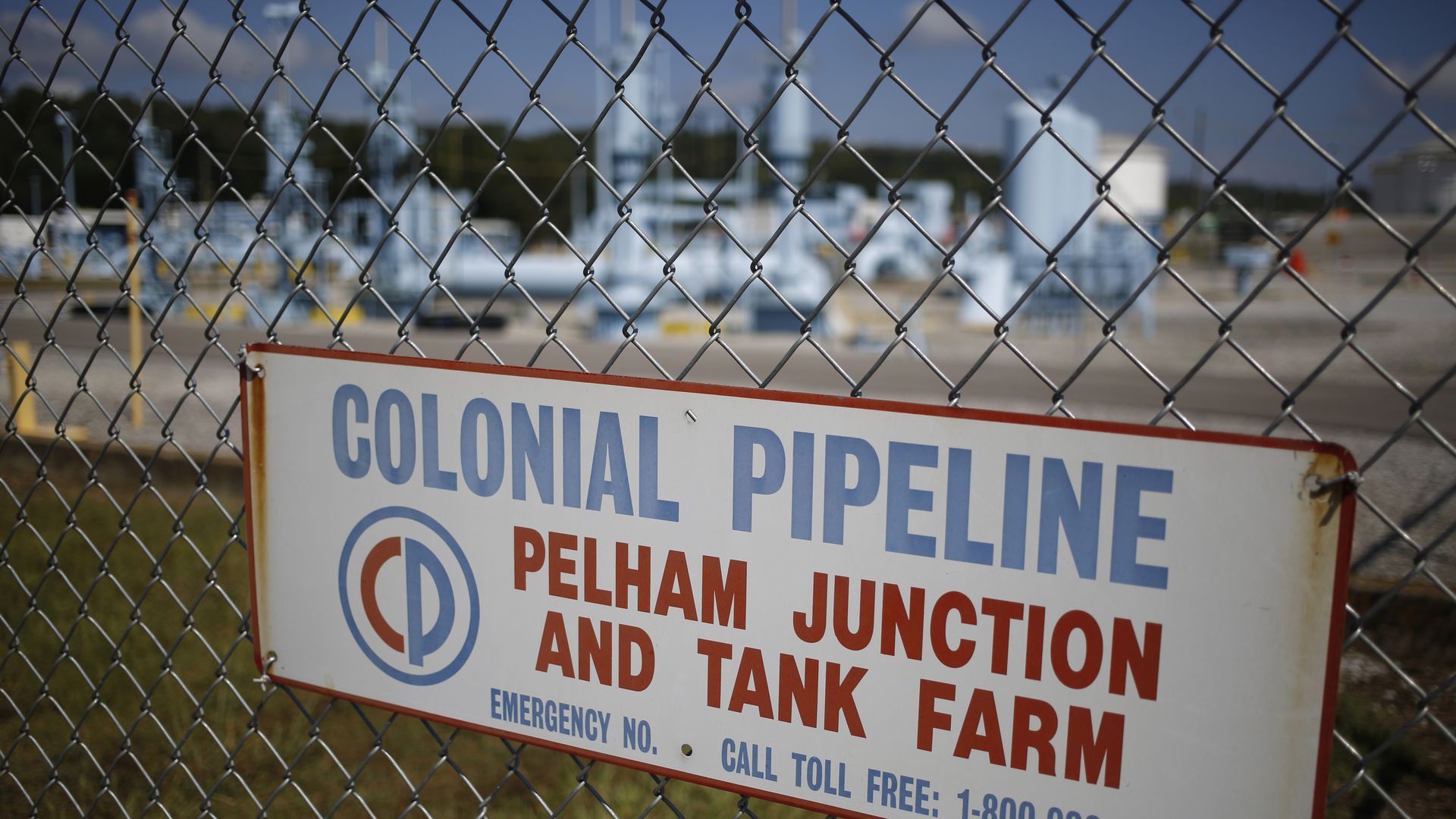 A Colonial Pipeline sign in front of Pelham Junction and Tank Farm