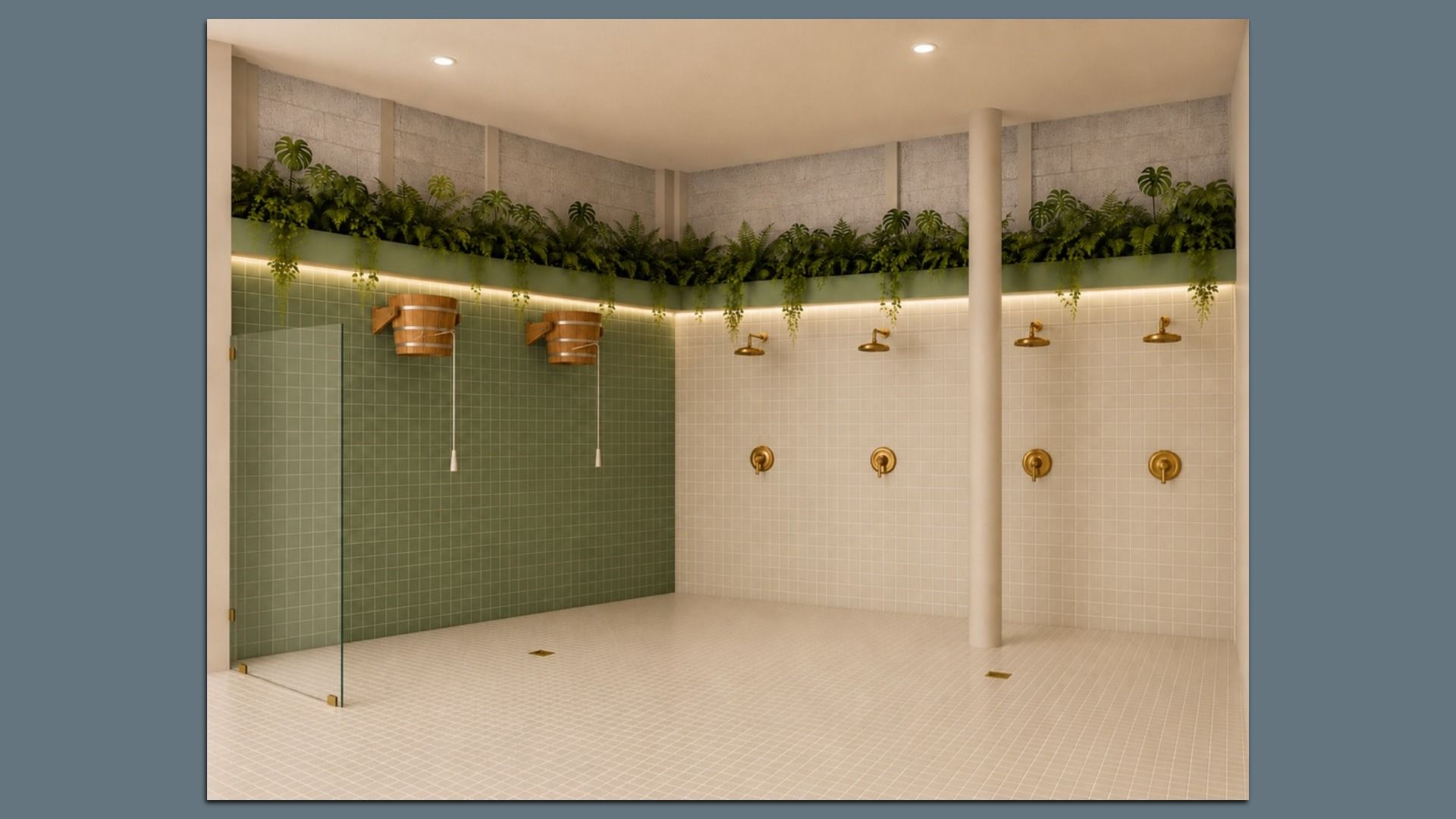 A spa-like communal shower area with green left wall and beige right wall, brass rain heads, a glass door, a central column, and hanging plants along a raised planter.