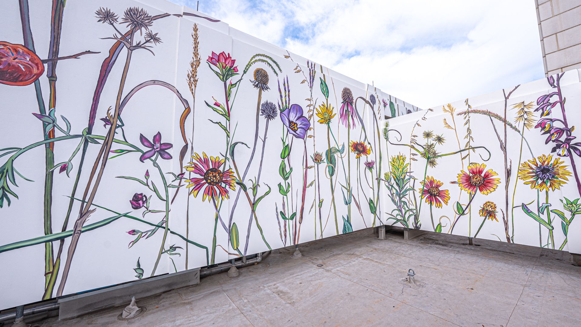 A large outdoor mural depicting colorful, tall wildflowers and plants against a white background, painted on multiple adjoining panels under a partly cloudy sky.