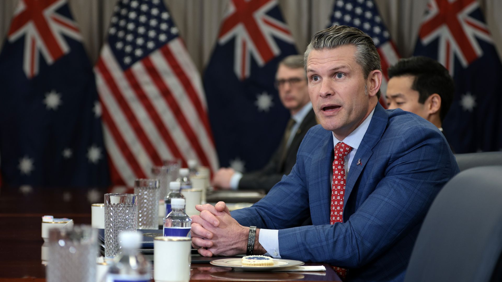 Secretary of Defense Pete Hegseth speaks to members of the press during a bilateral meeting with Australian Deputy Prime Minister and Defense Minister Richard Marles at the Pentagon on February 7, 2025 in Arlington, Virginia.
