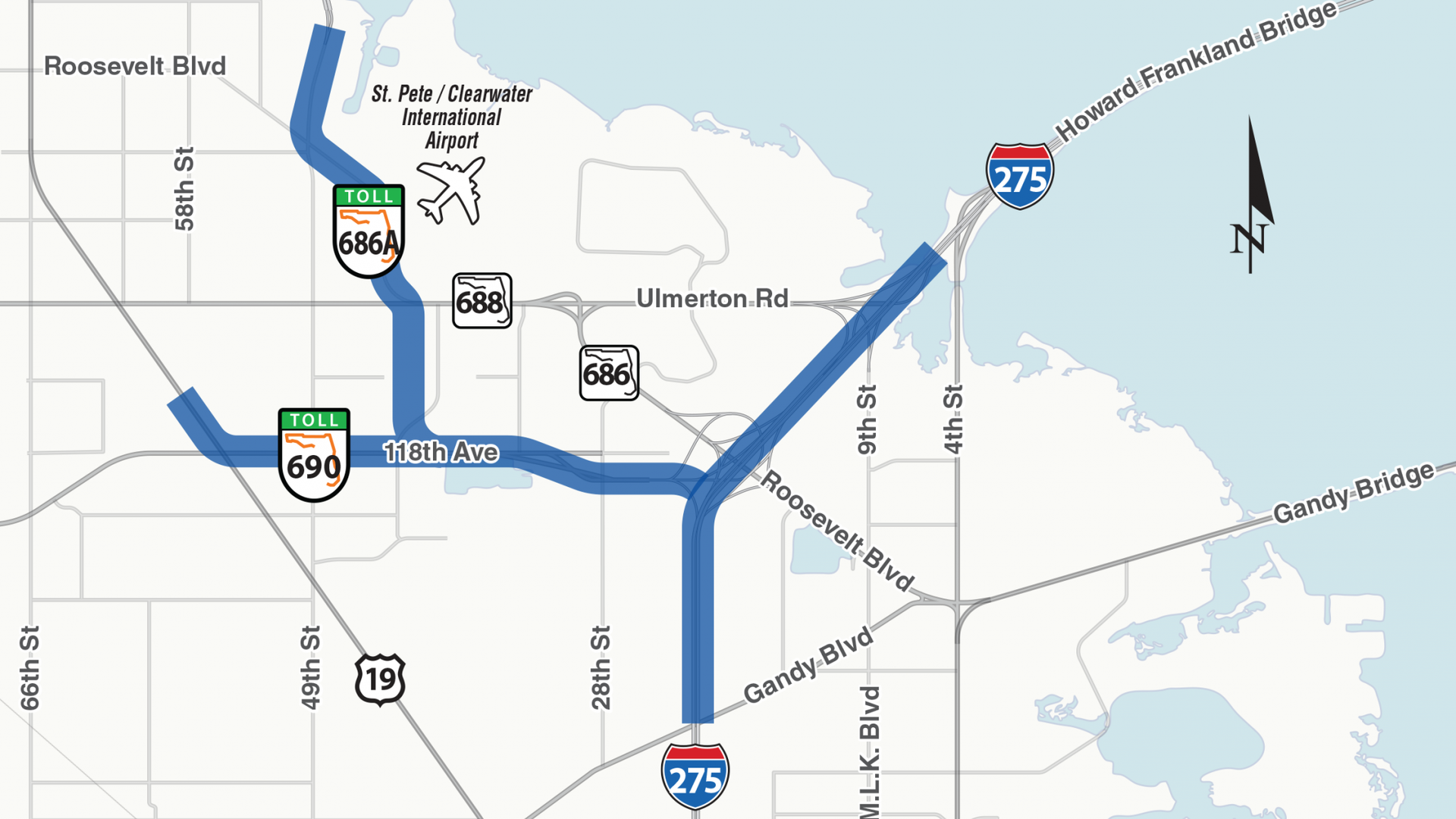 A map of the Gateway area of Pinellas County, with a blue line over the route of the new toll roads that make up the Gateway Expressway.