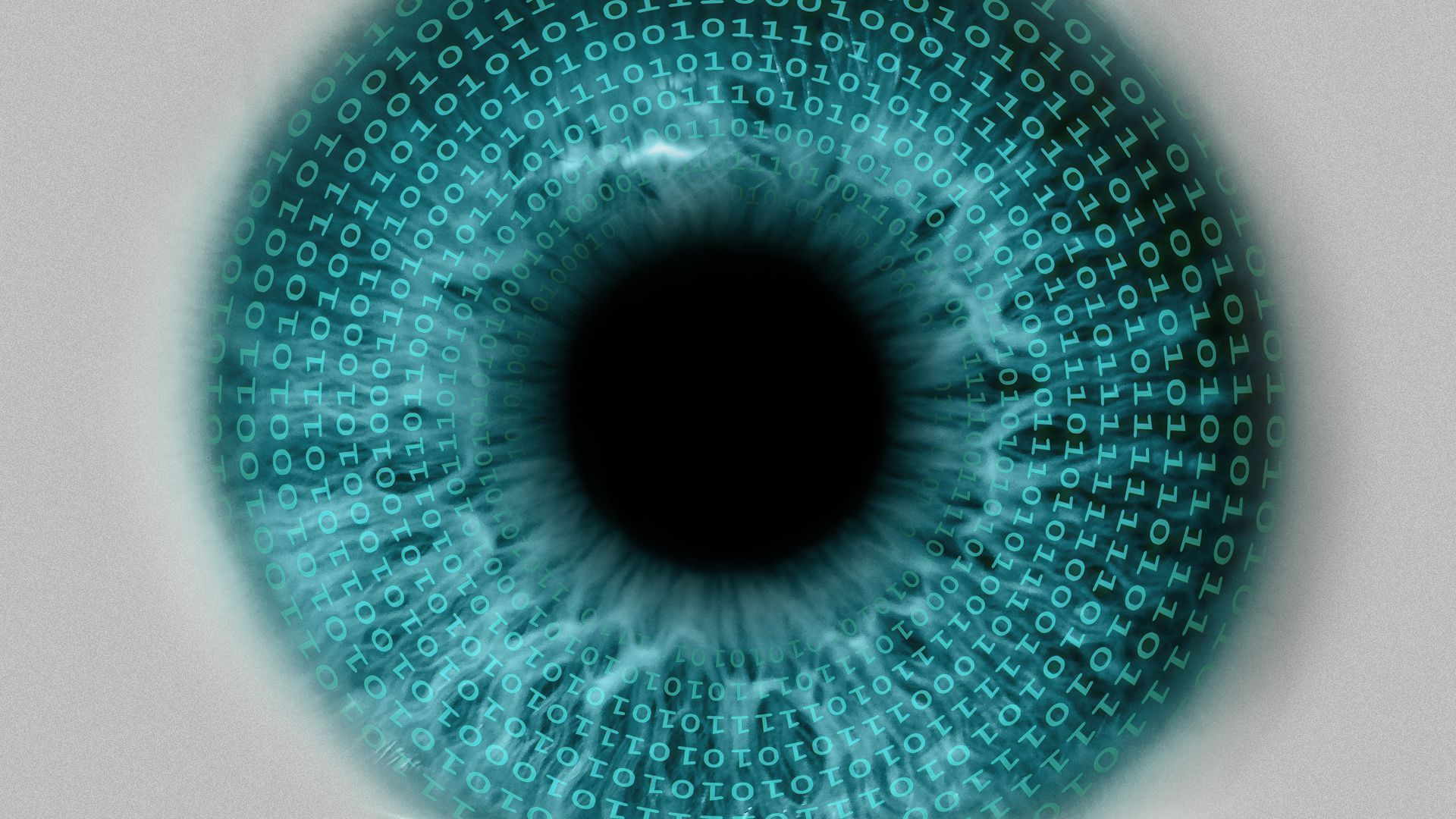 Illustration of a close up of an eye with binary in the iris.