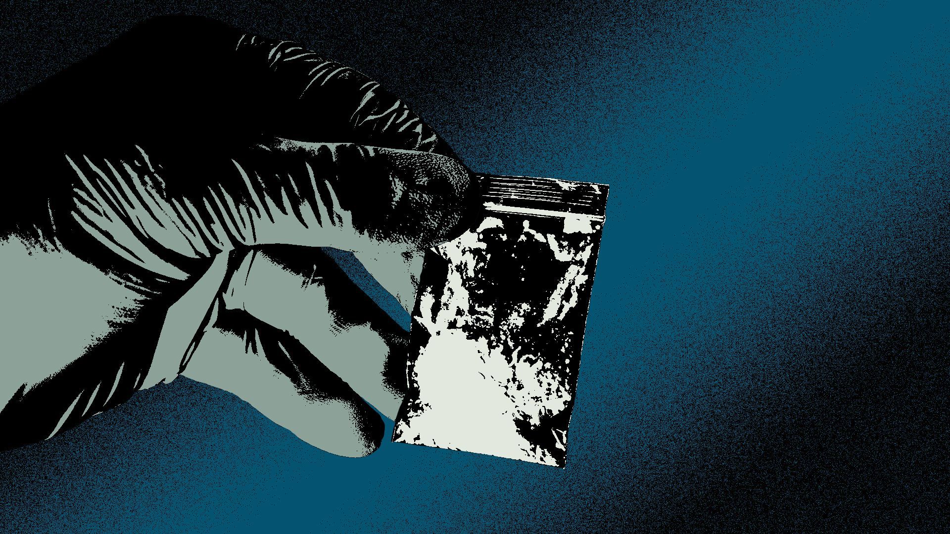 Illustration of a gloved hand holding a baggie of white powder.