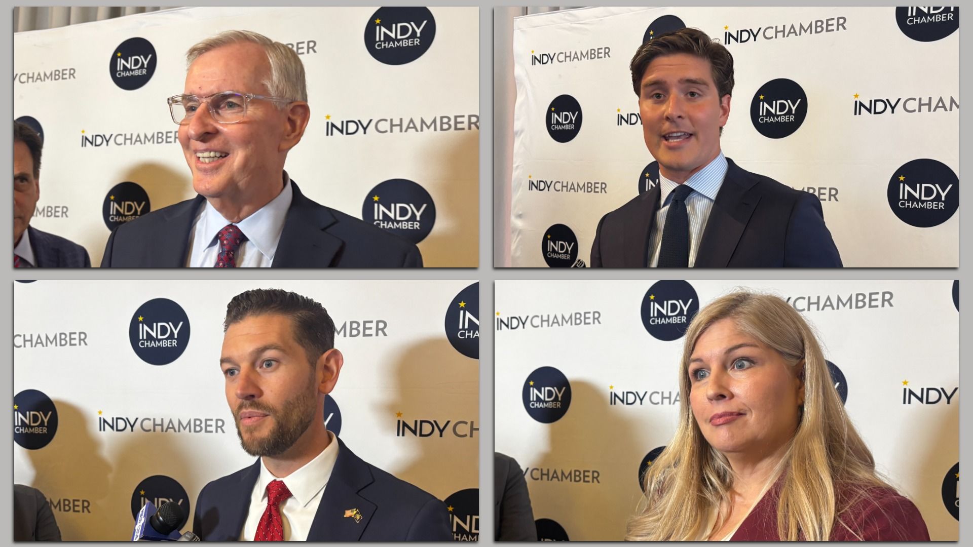 Four-image collage from an Indy Chamber event: three men in suits and a blonde woman pose in front of a white backdrop with navy Indy Chamber logos.