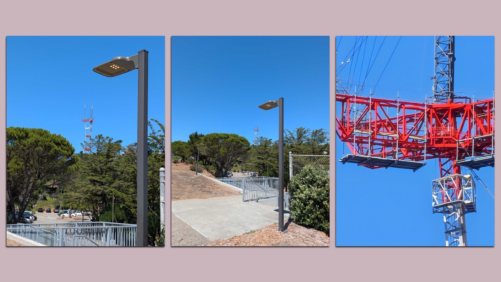 Three images of San Francisco's Sutro Tower, including a wide angle, a standard shot and an AI-enhanced ultra-zoomed-in image.
