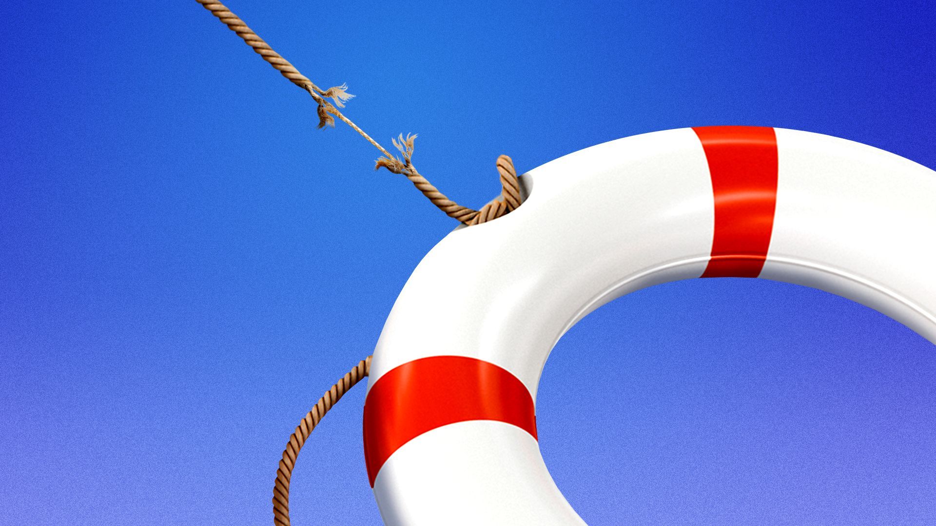 Illustration of a lifesaver ring attached to a rope which is fraying and about to break.