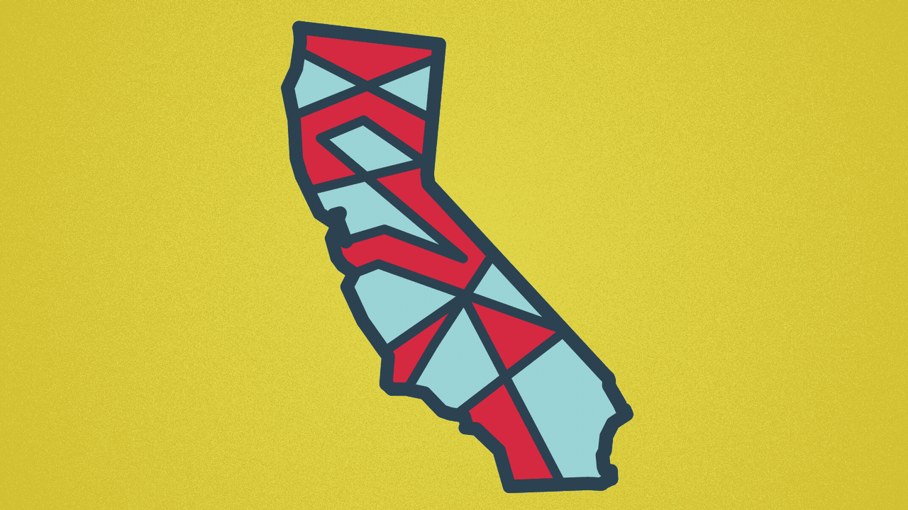Animated illustration of the state of California with changing red and blue districts inside it.