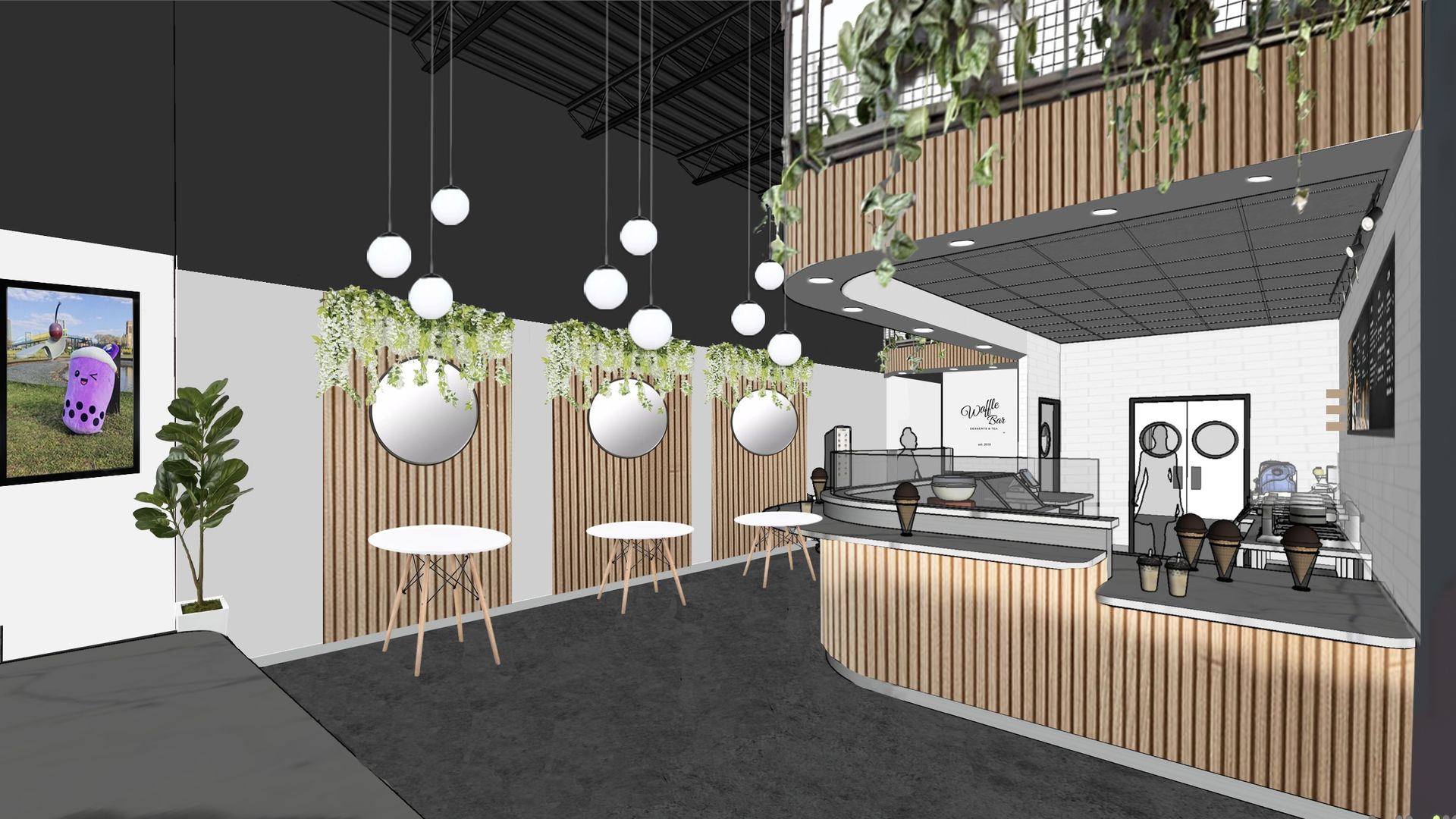 A rendering of a shop with a bamboo counter, black walls and white table. A sign in the back reads Waffle Bar.