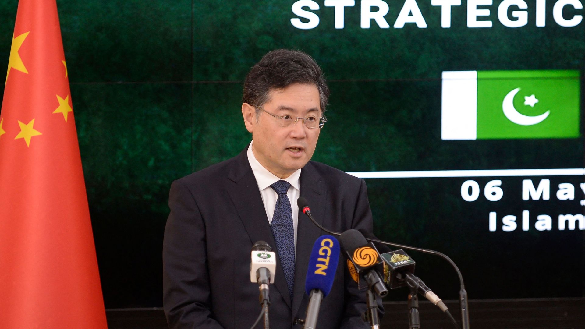 Chinese Foreign Minister Qin Gang addresses a joint press conference along with his Pakistani counterpart Bilawal Bhutto Zardari (not pictured) at the foreign ministry in Islamabad on May 6, 2023