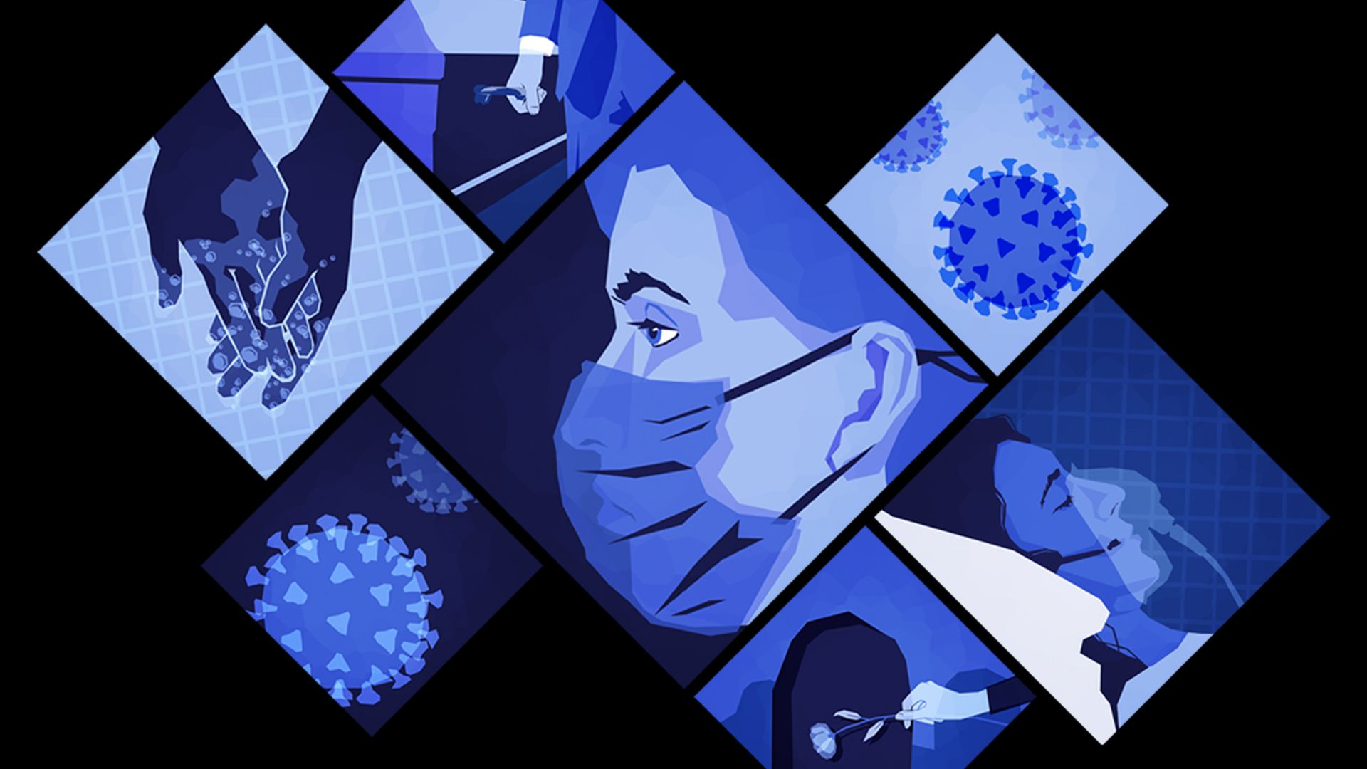 A collage of vignettes depicting scenes of life during the pandemic, including a person wearing a mask, washing their hands, and a gravestone.