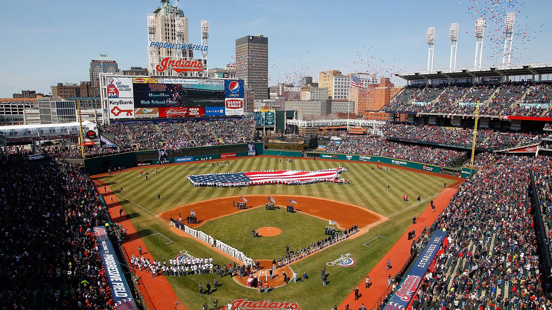Progressive Field on Opening Day 2011, with confetti in the air. 