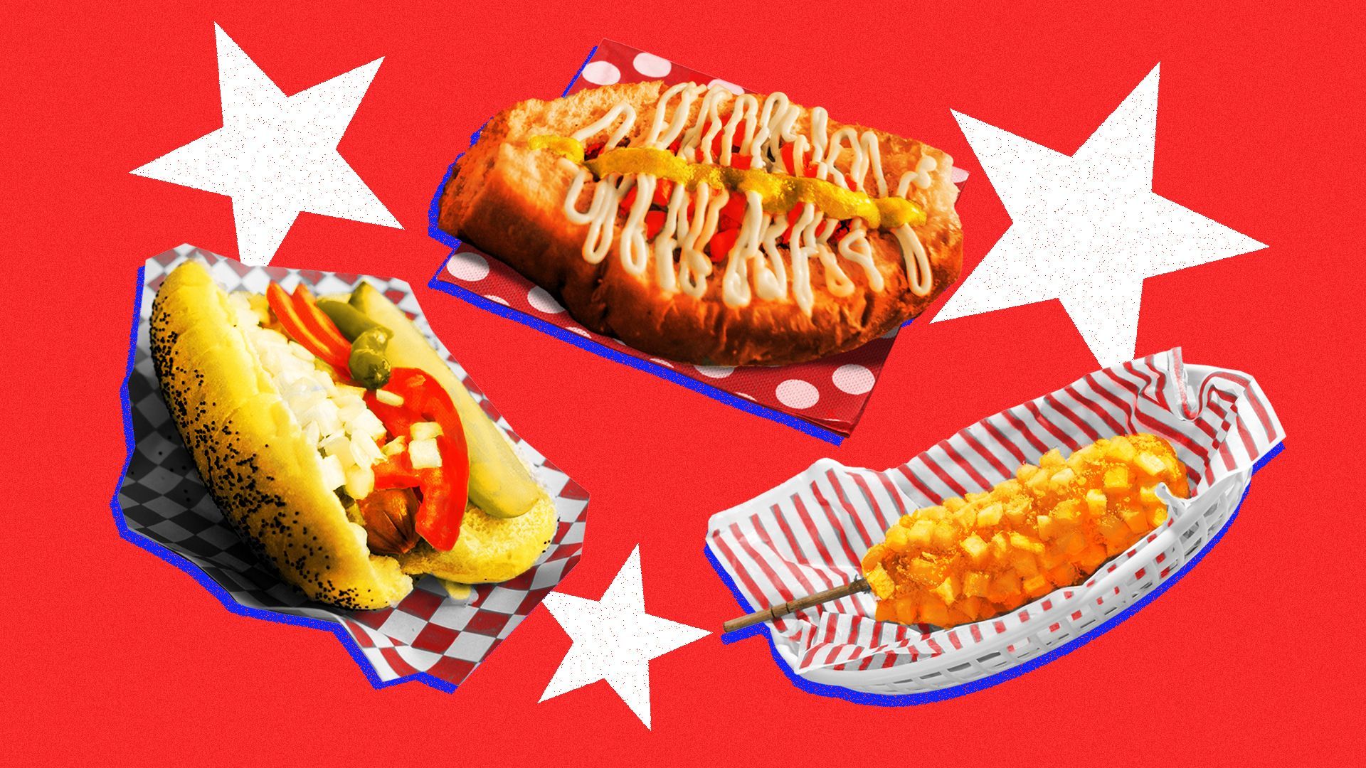 Illustration of three types of hotdogs on a red background with white stars