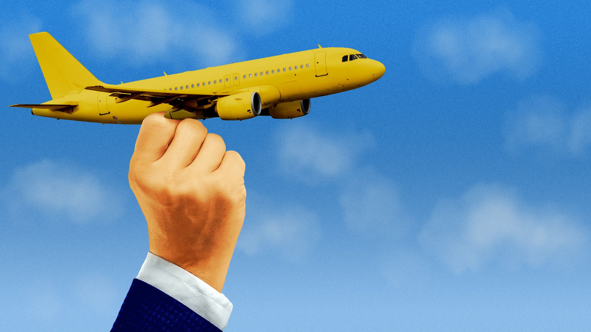 Illustration of a Trump-like hand holding a small yellow airplane