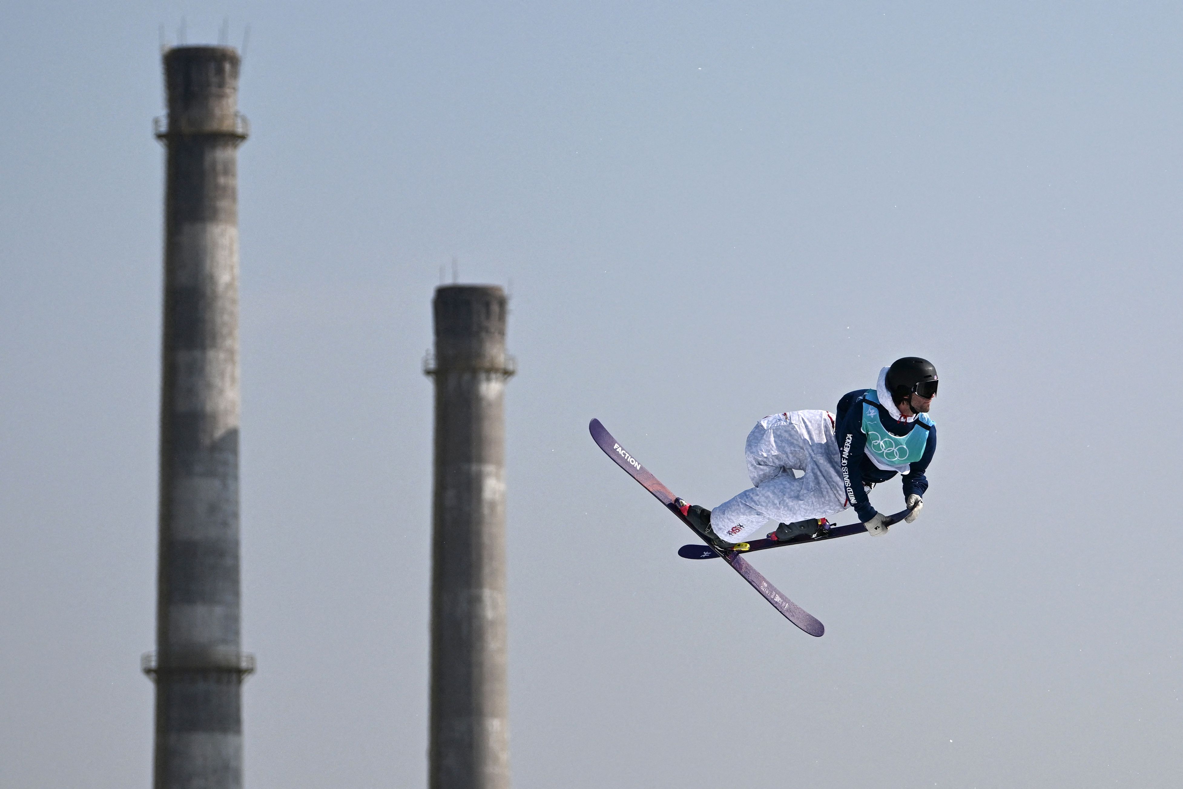 USA's Alexander Hall competes in the freestyle skiing men's freeski big air final run during the Beijing 2022 Winter Olympic Games at the Big Air Shougang in Beijing on February 9
