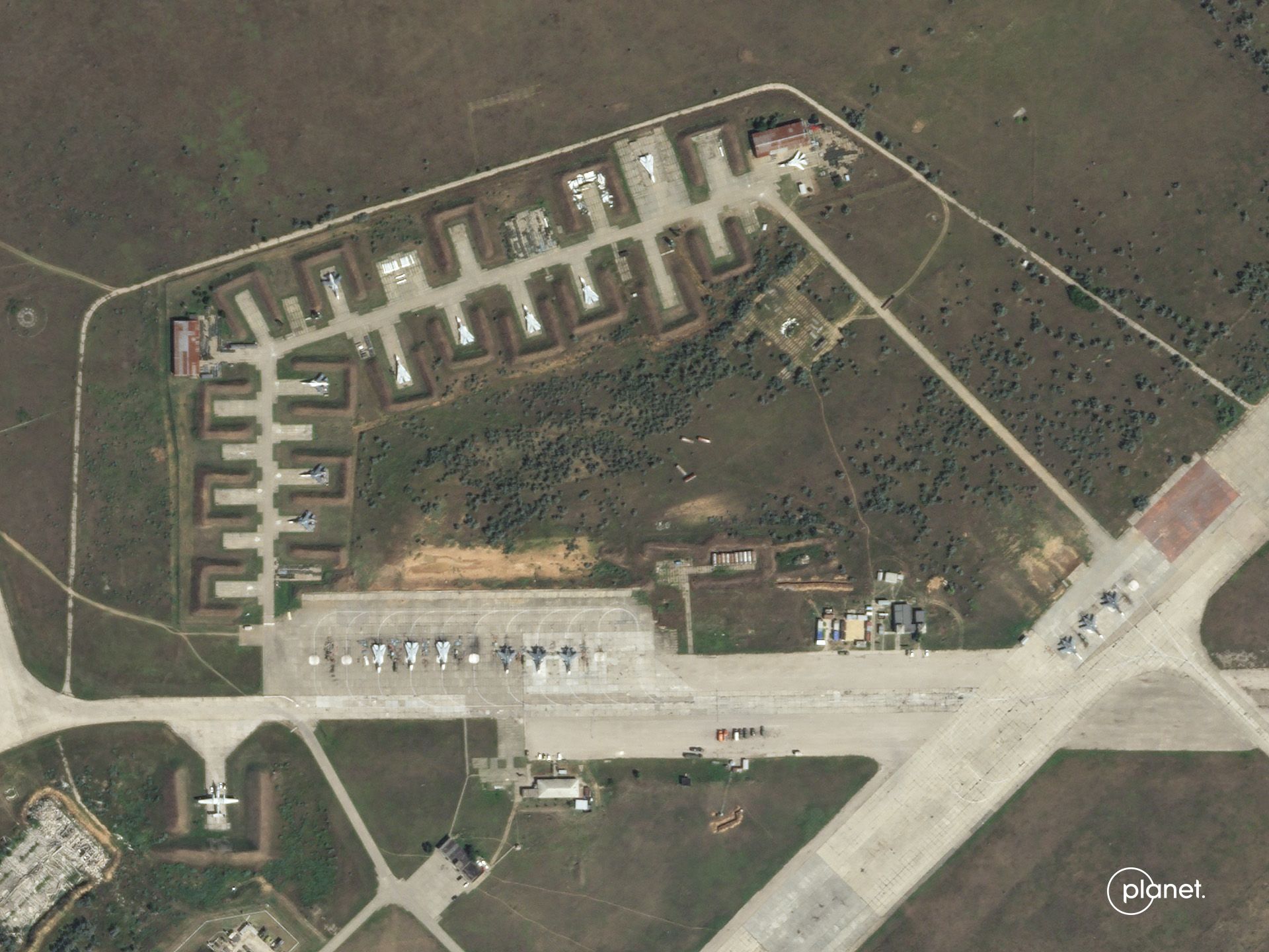 A satellite image showing Saki Air Base in southwest Crimea captured on Aug. 9.