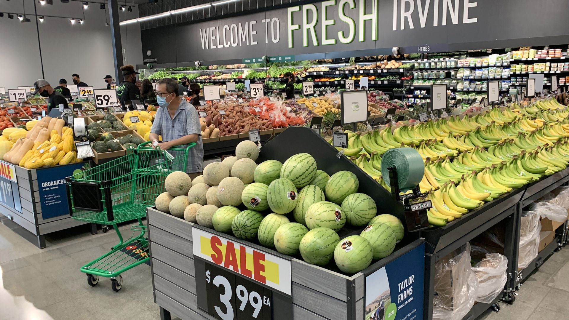 Produce in the middle of an Amazon Fresh store