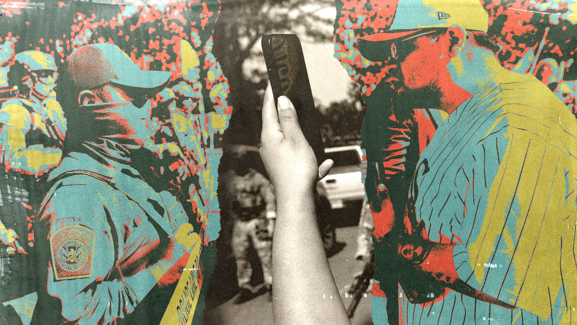 Photo illustration of a Chicago resident confronting an ICE agent. A tear in the center of the photo reveals a woman's hand holding up a smartphone.
