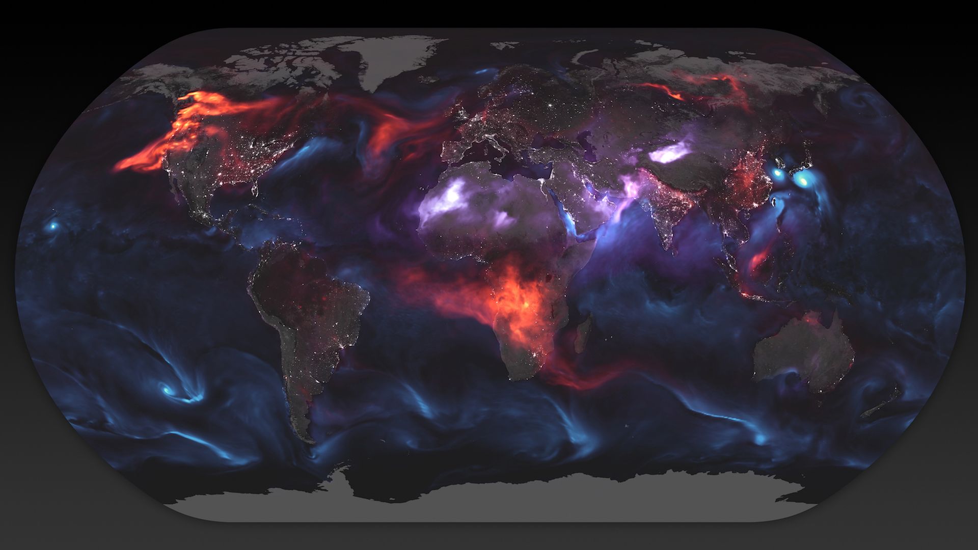 Global visualization of aerosols from wildfires, storm systems and biomass burning, among other sources.