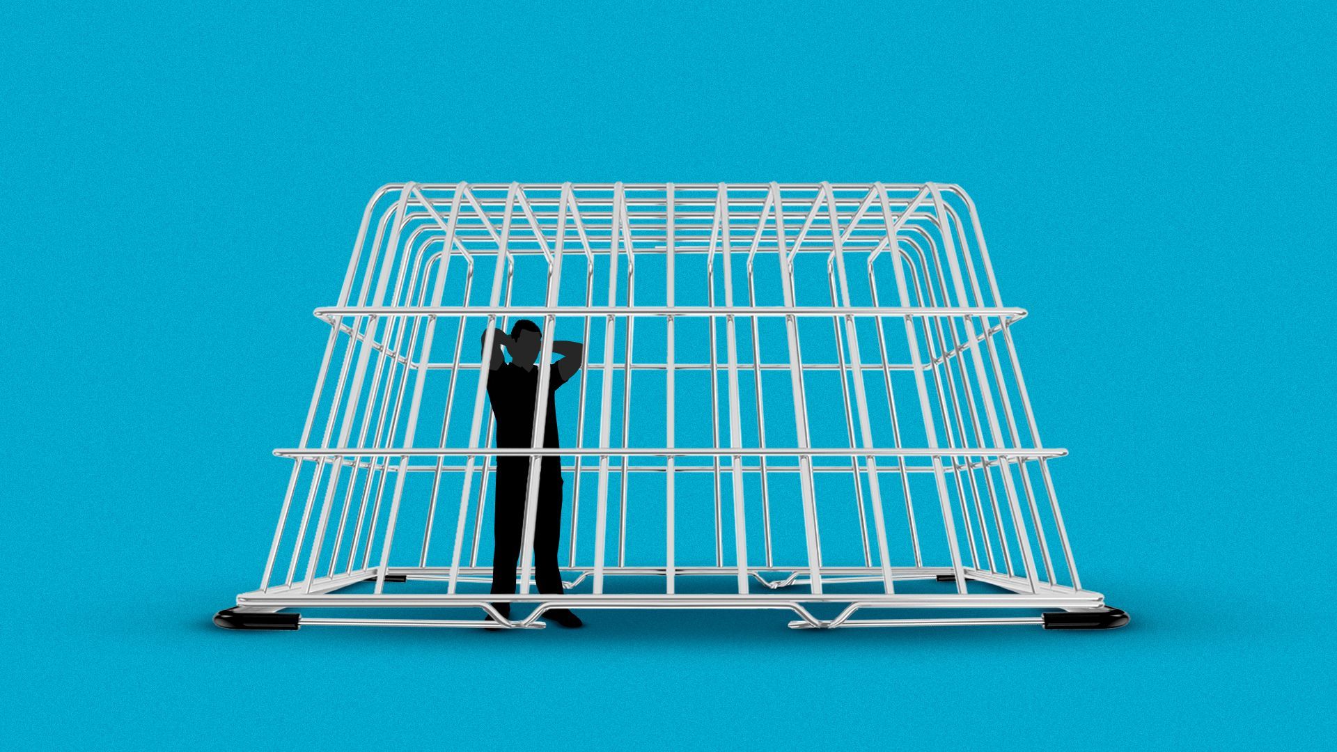 Illustration of a figure in an upside shopping basket as if it's a jail. 