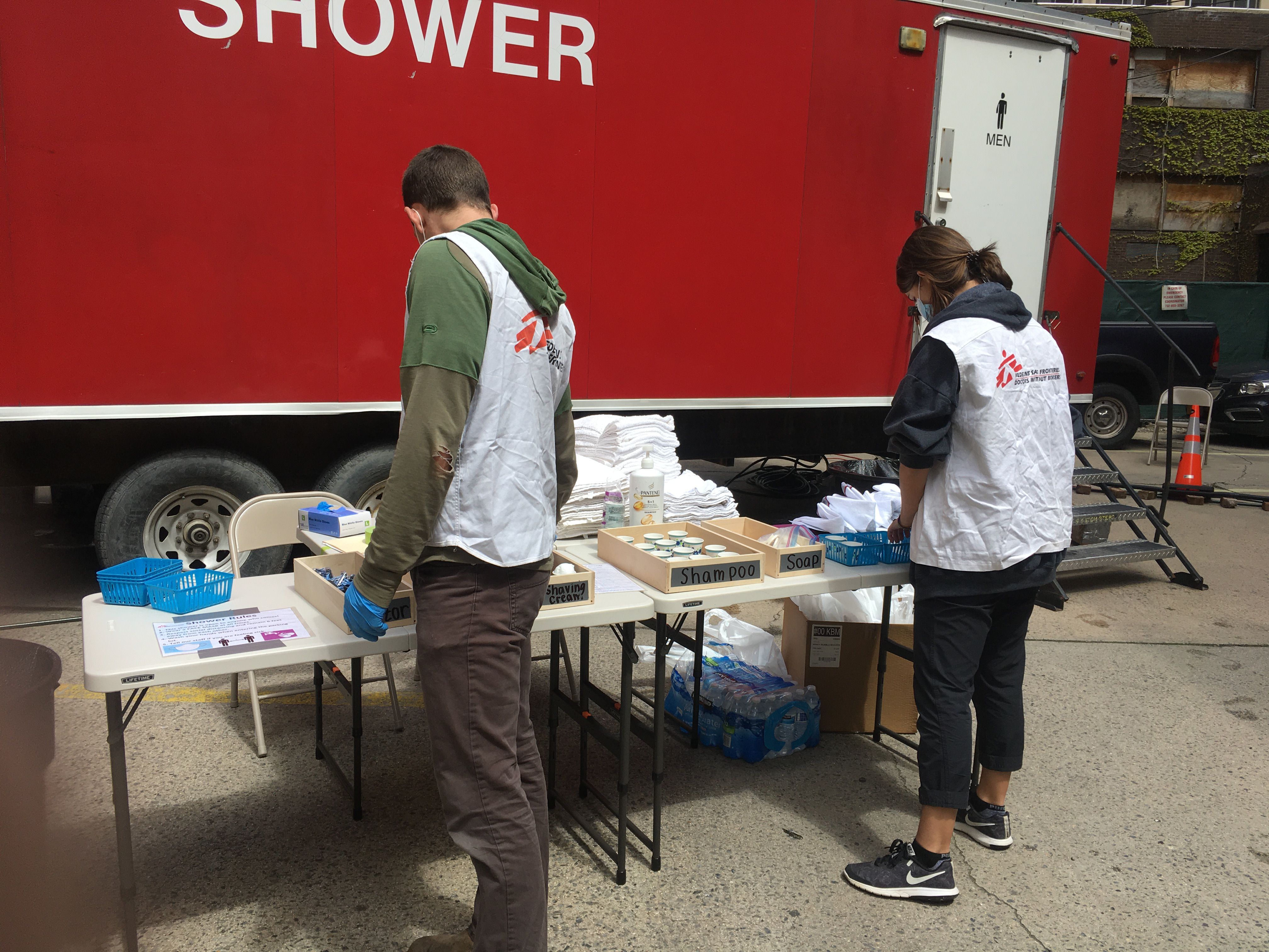A mobile shower station in New York City. Coalition for the Homeless' Nortz said the nonprofit would not have been able to set up the showers without MSF's help. 