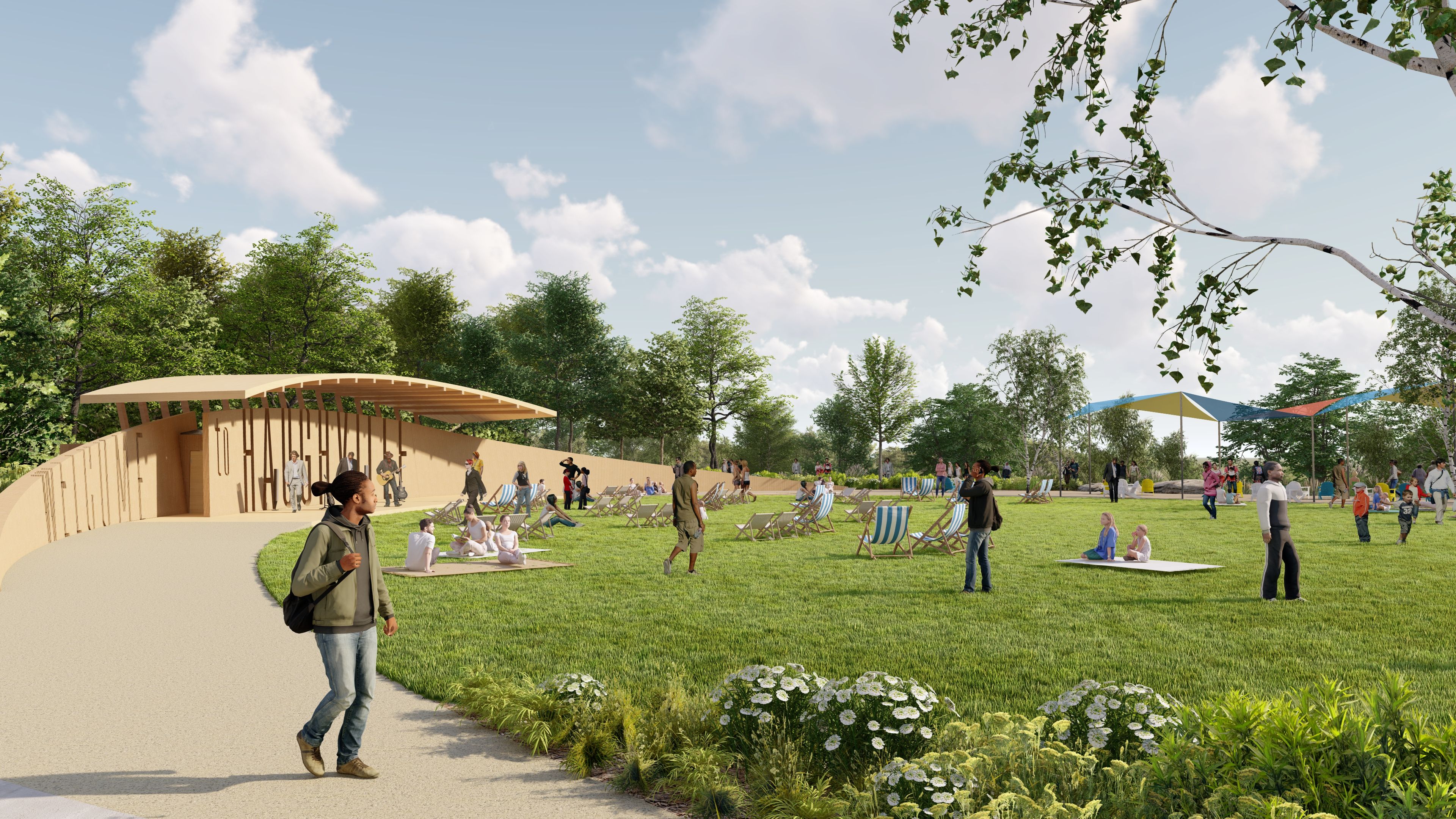 Rendering of a sunny park: curved wooden shelter by a path, people relaxing on chairs and blankets on the lawn, lush trees, and colorful shade sails in the distance under a blue sky.