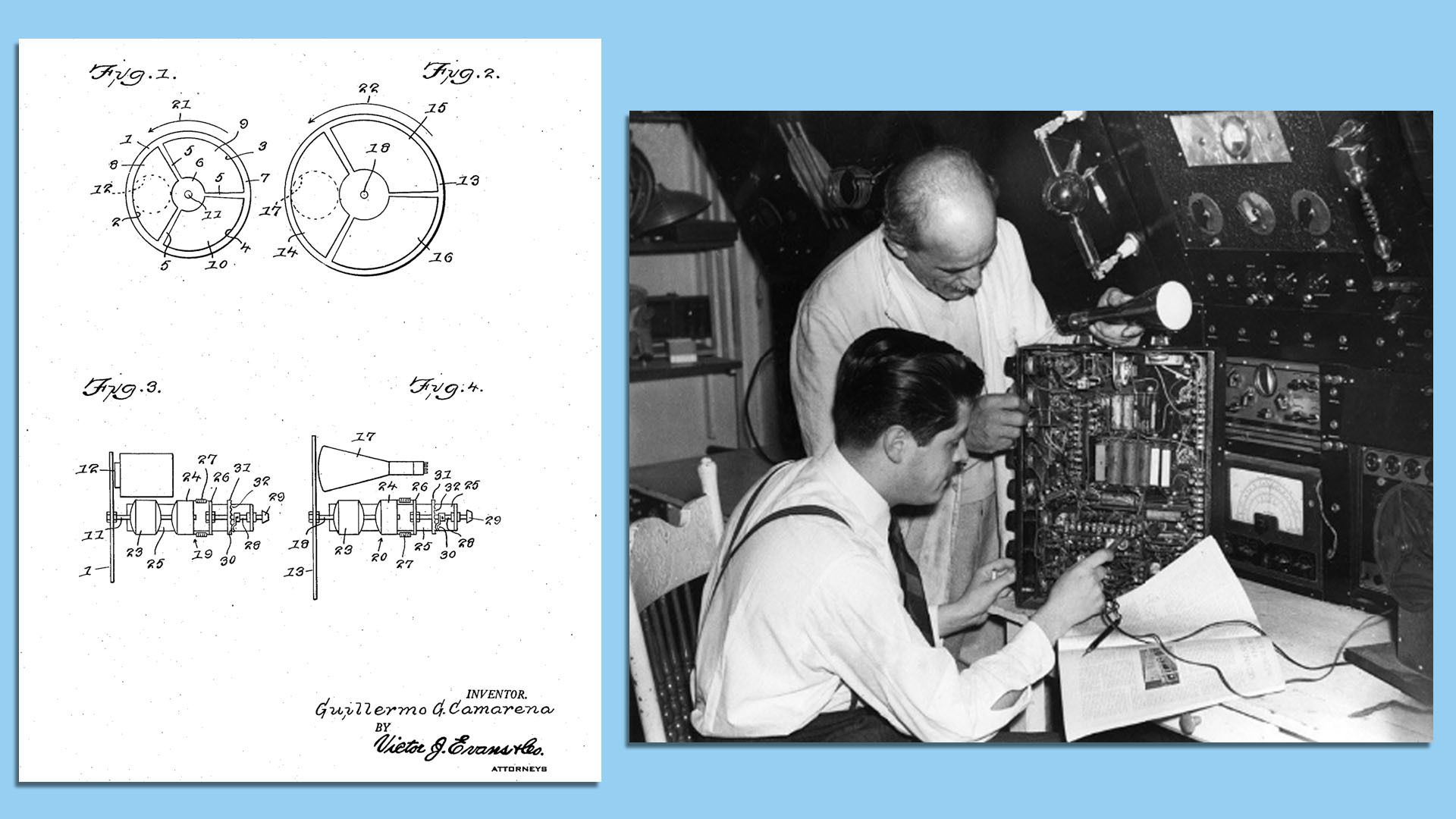 Diagram from the patent granted Guillermo González Camarena for his chromoscopic adapter, which allowed TV cameras to capture color.